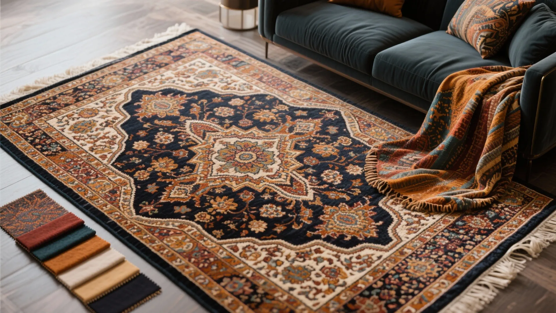 Large traditional patterned rug on floor next to dark sofa and colorful fabric material samples