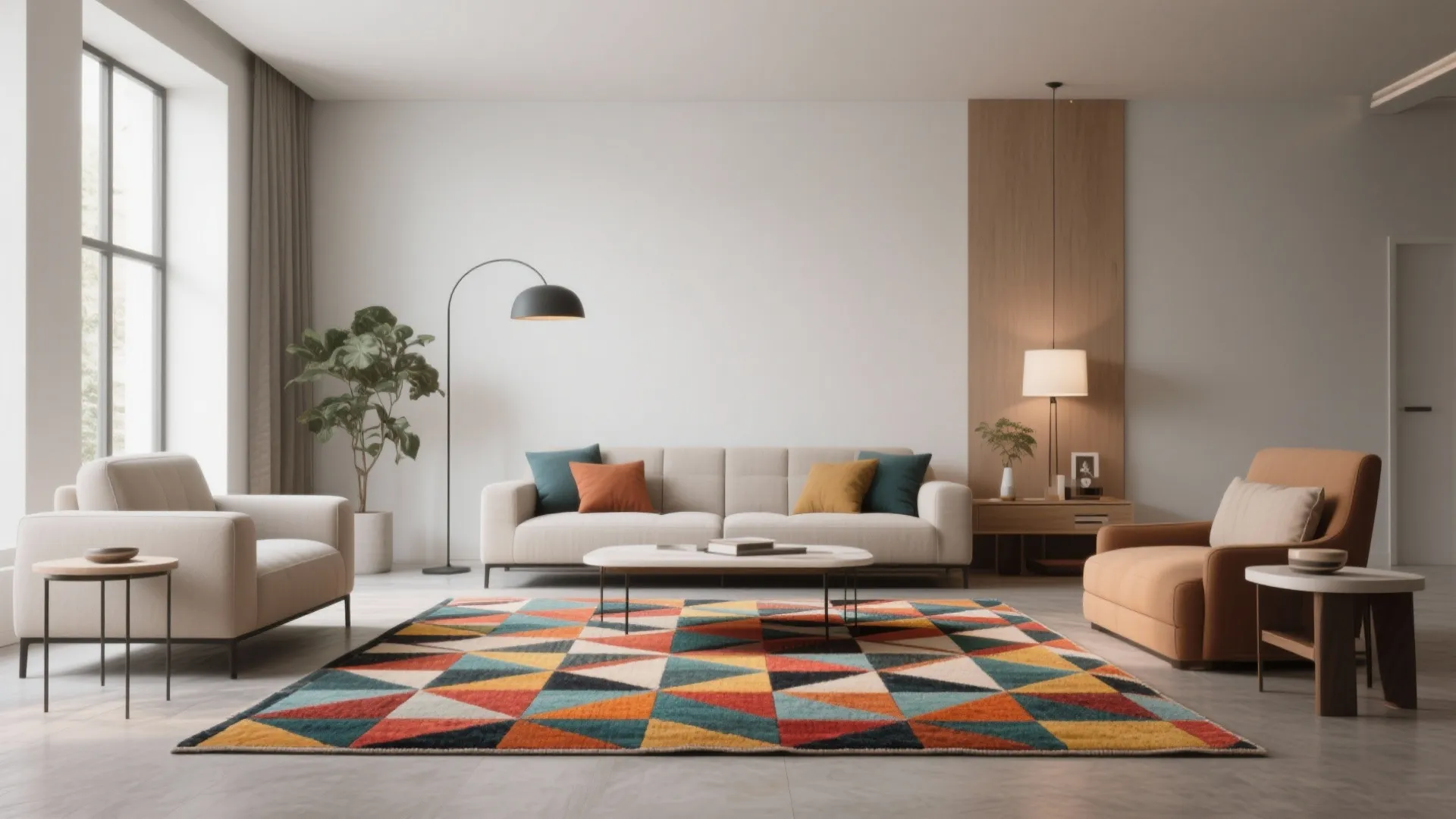 Modern living room with a colorful geometric rug cream sofa orange armchair and floor lamp