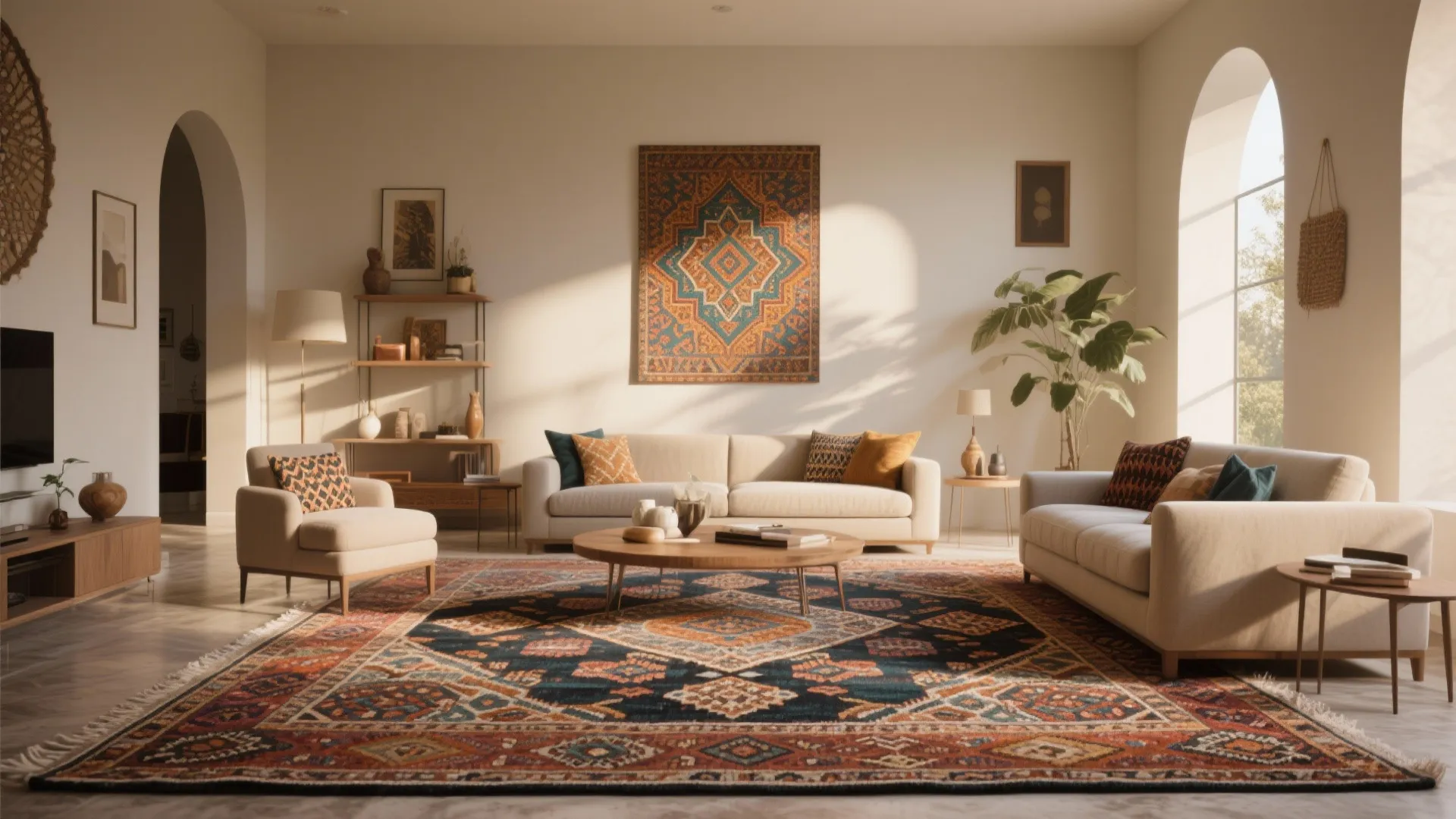 Bold Moroccan rug anchoring living space
