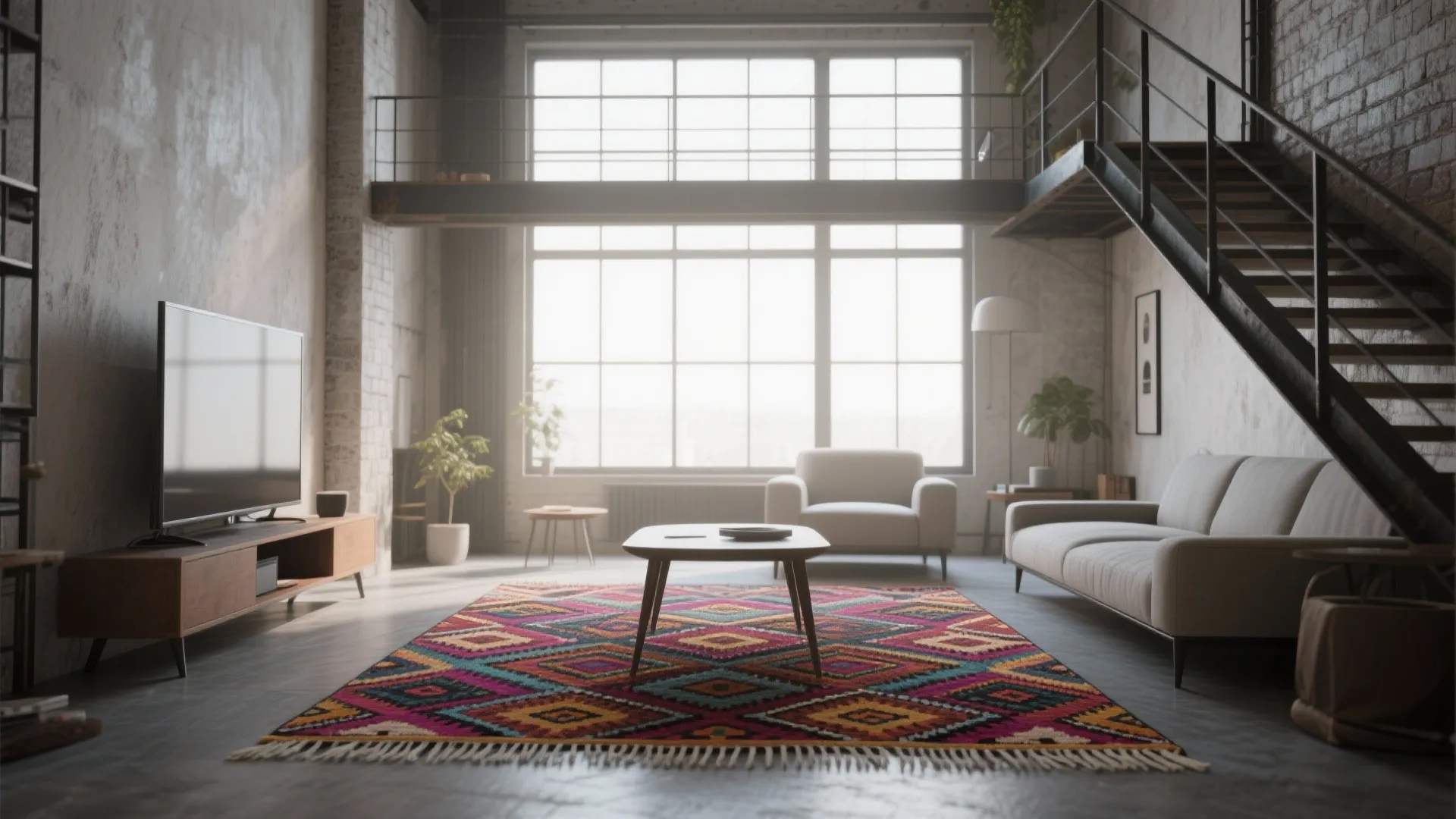 3. Go bold with a patterned small rug under the coffee table