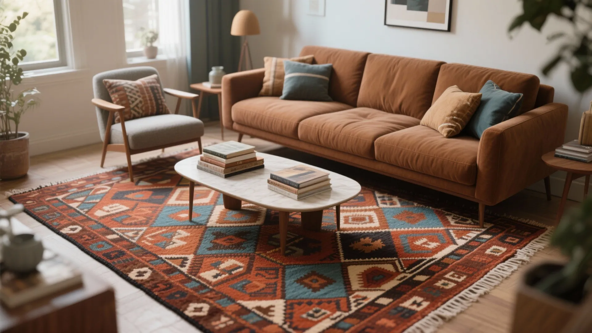 Brown sofa with a bold geometric kilim rug in rust, muted blue, and warm browns in a compact living room.