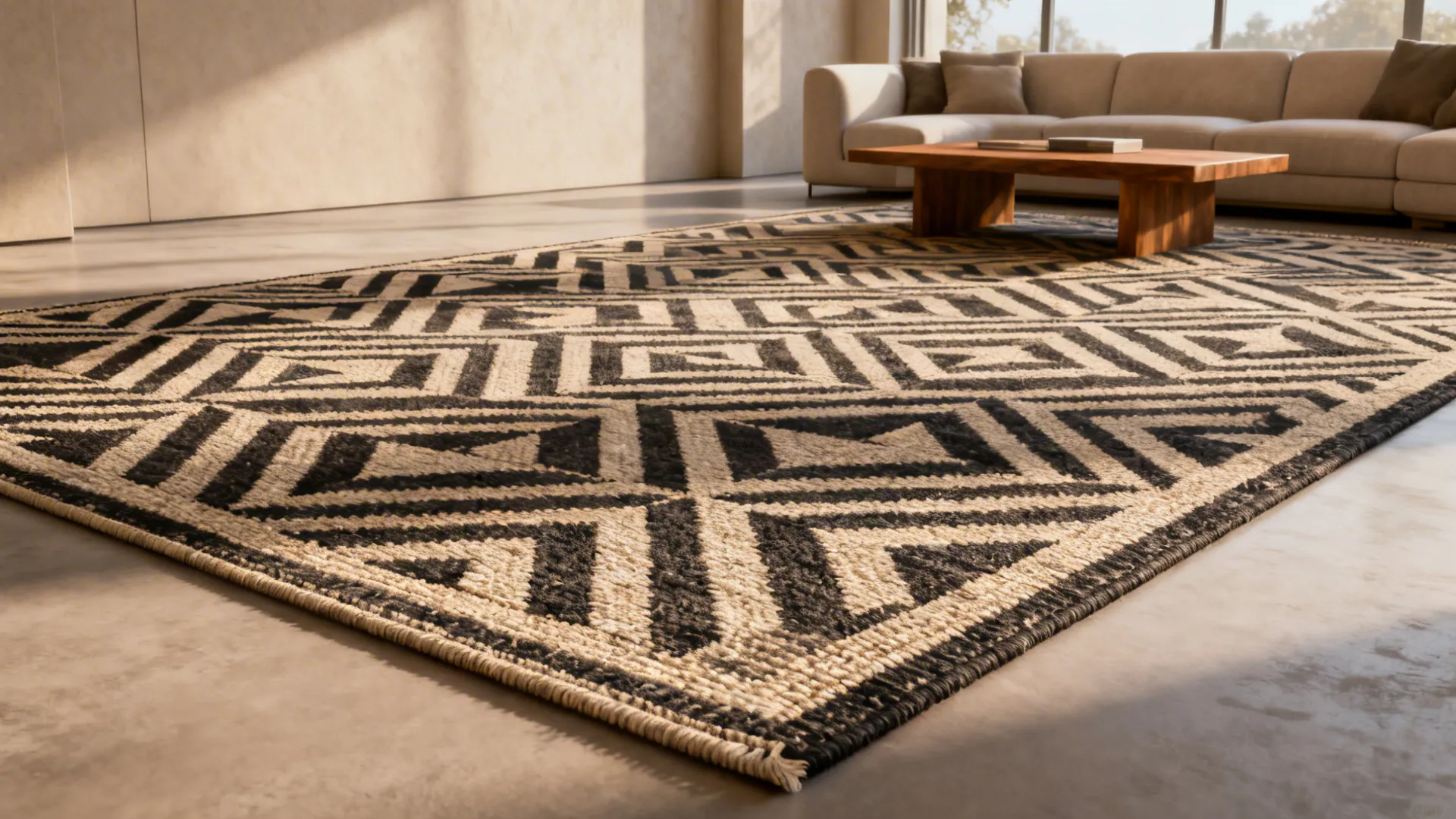 Neutral living room with an oversized geometric patterned rug as focal point