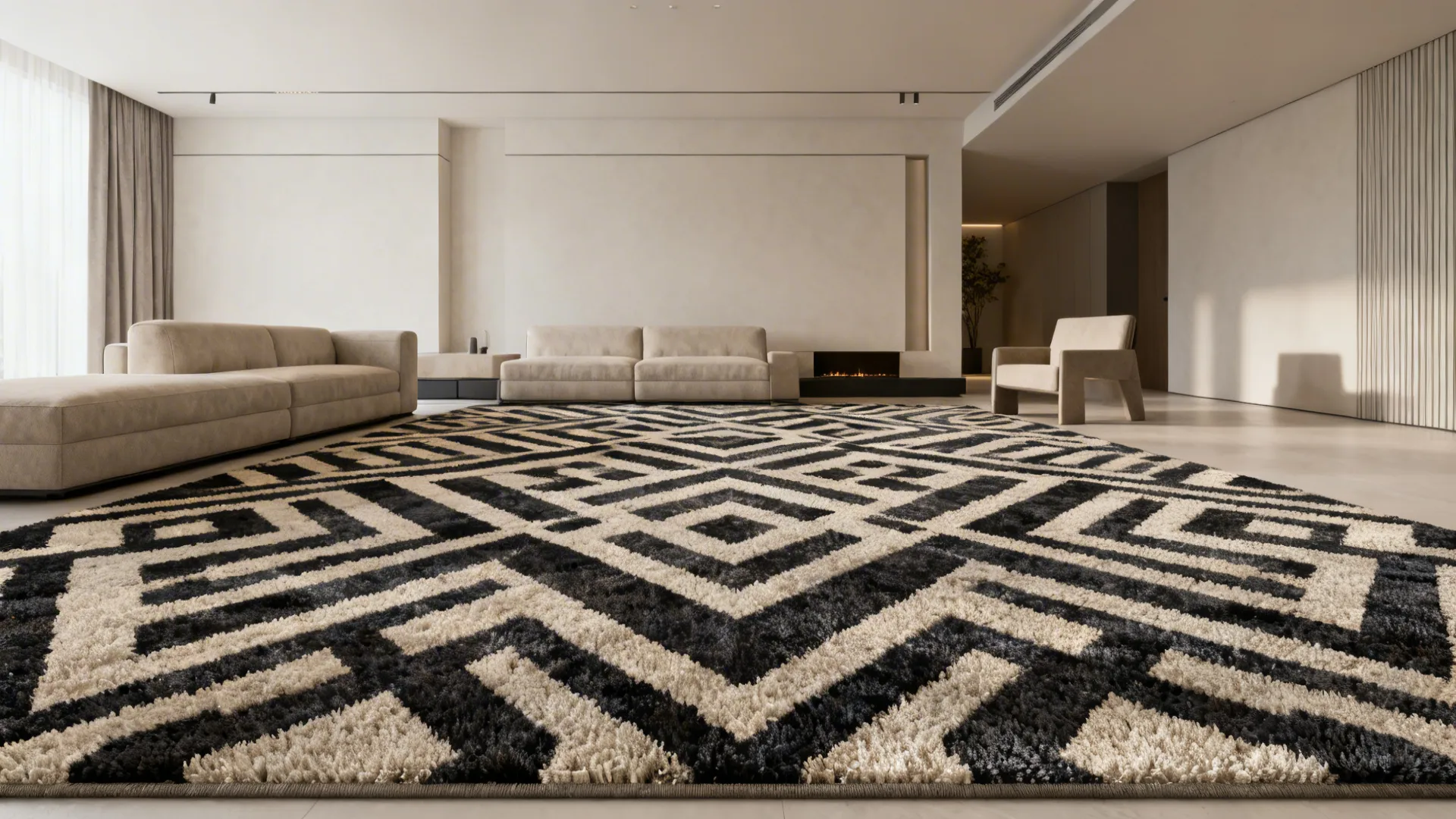 Minimalist living room anchored by a large boldly patterned rug as the focal point.