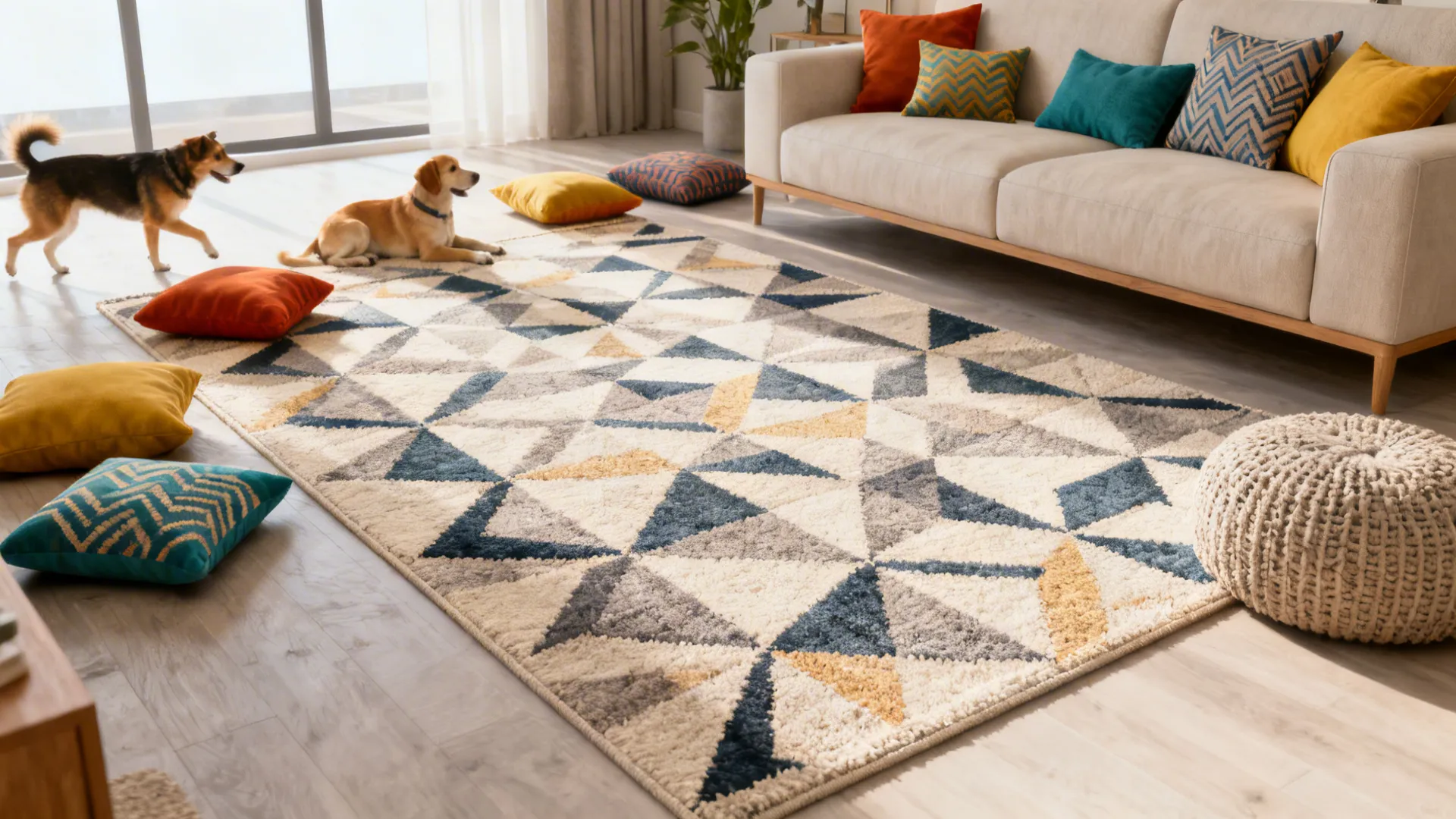 Family room with a large geometric patterned rug that hides stains and becomes the focal point.