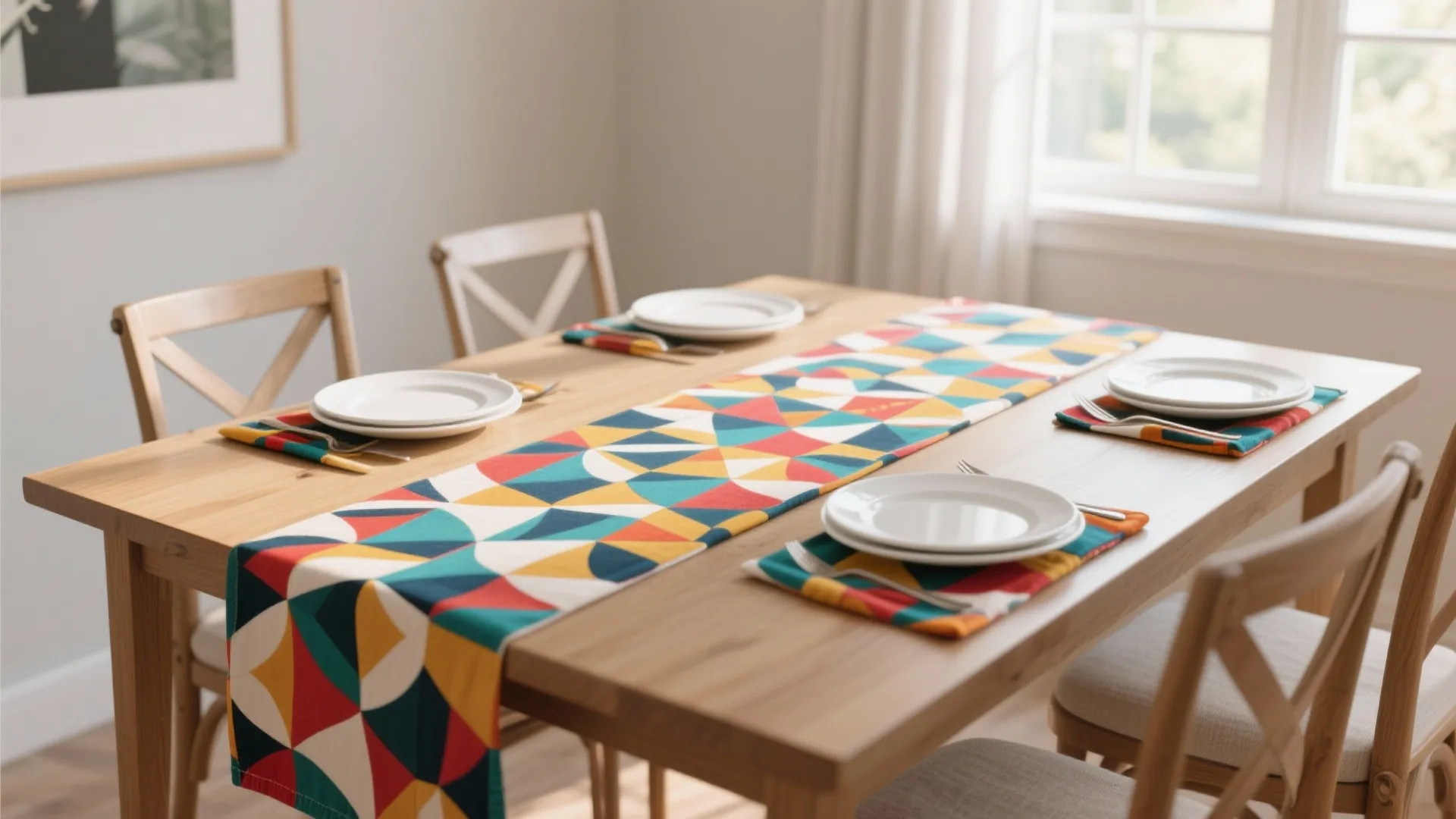Wooden dining table featuring a colorful geometric pattern table runner with matching napkins and white plates