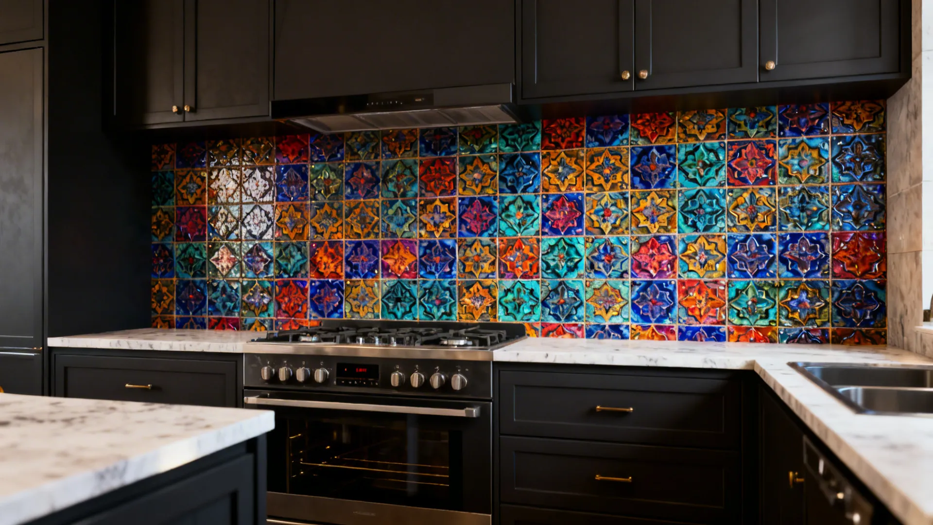 Dark cabinets paired with a bold encaustic patterned backsplash in jewel tones creating a strong focal point.