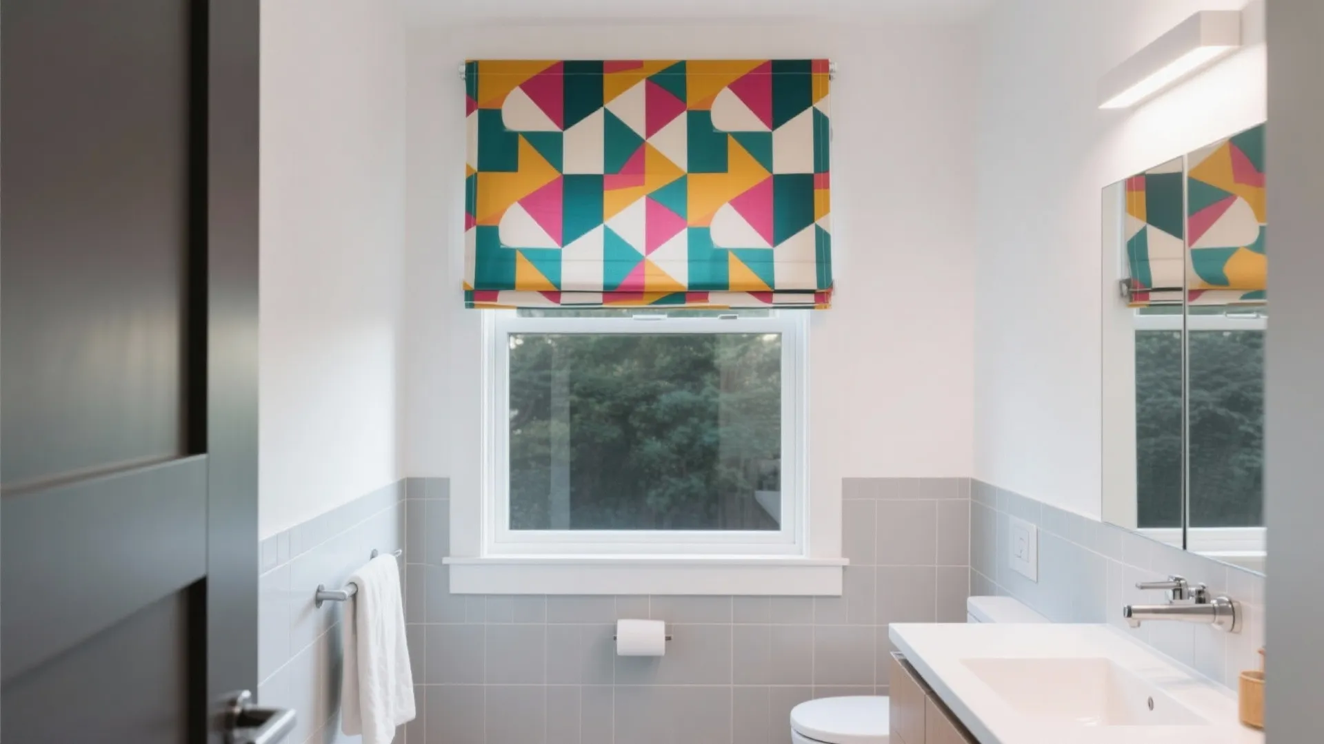 Modern bathroom with colorful geometric curtain over window white sink mirror and grey wall tiles