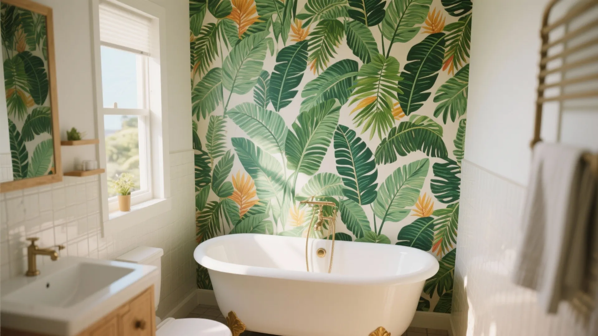 Small bathroom with tropical leaf patterned laminate feature wall