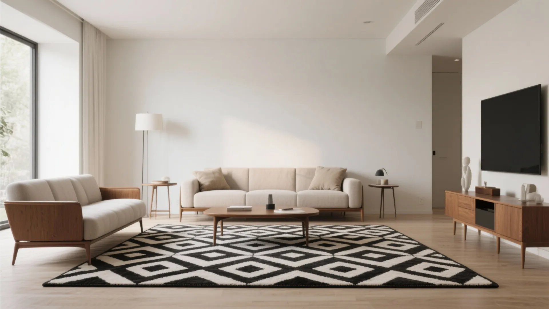 Modern living room with a black and white diamond patterned rug and a wooden cabinet