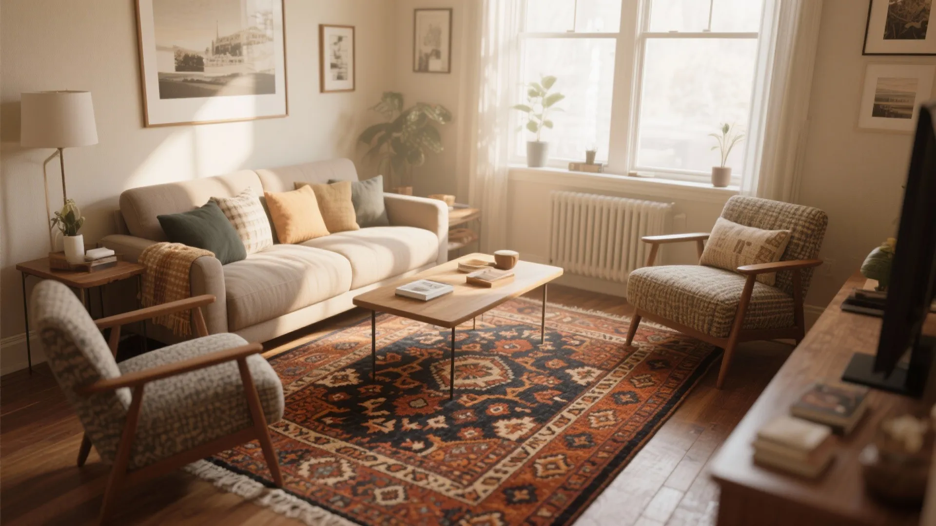 Living room interior showing patterned area rug wooden coffee table grey sofa and two fabric armchairs
