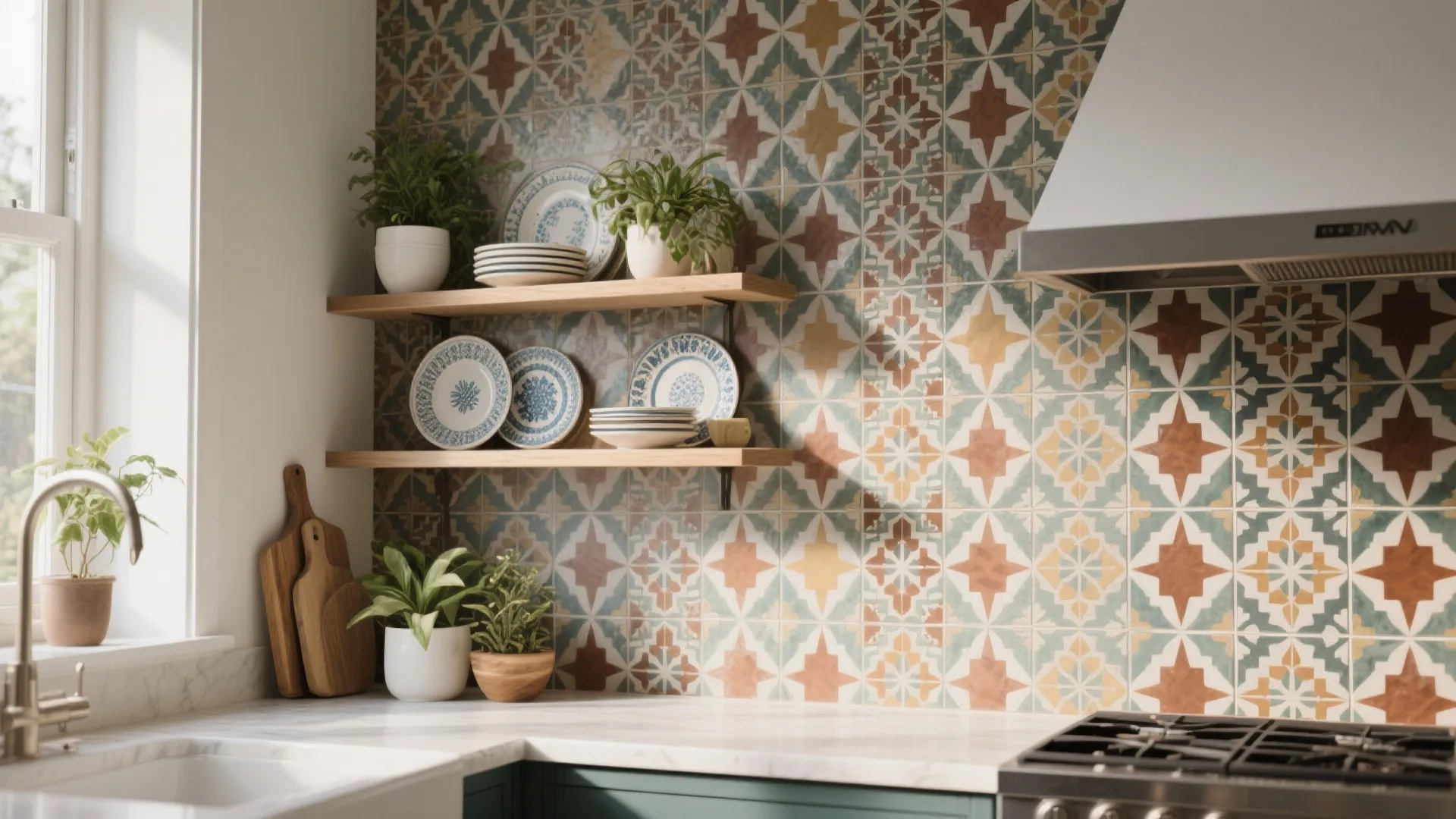Kitchen wall with colorful patterned tiles wooden shelves holding plates green plants and white countertop