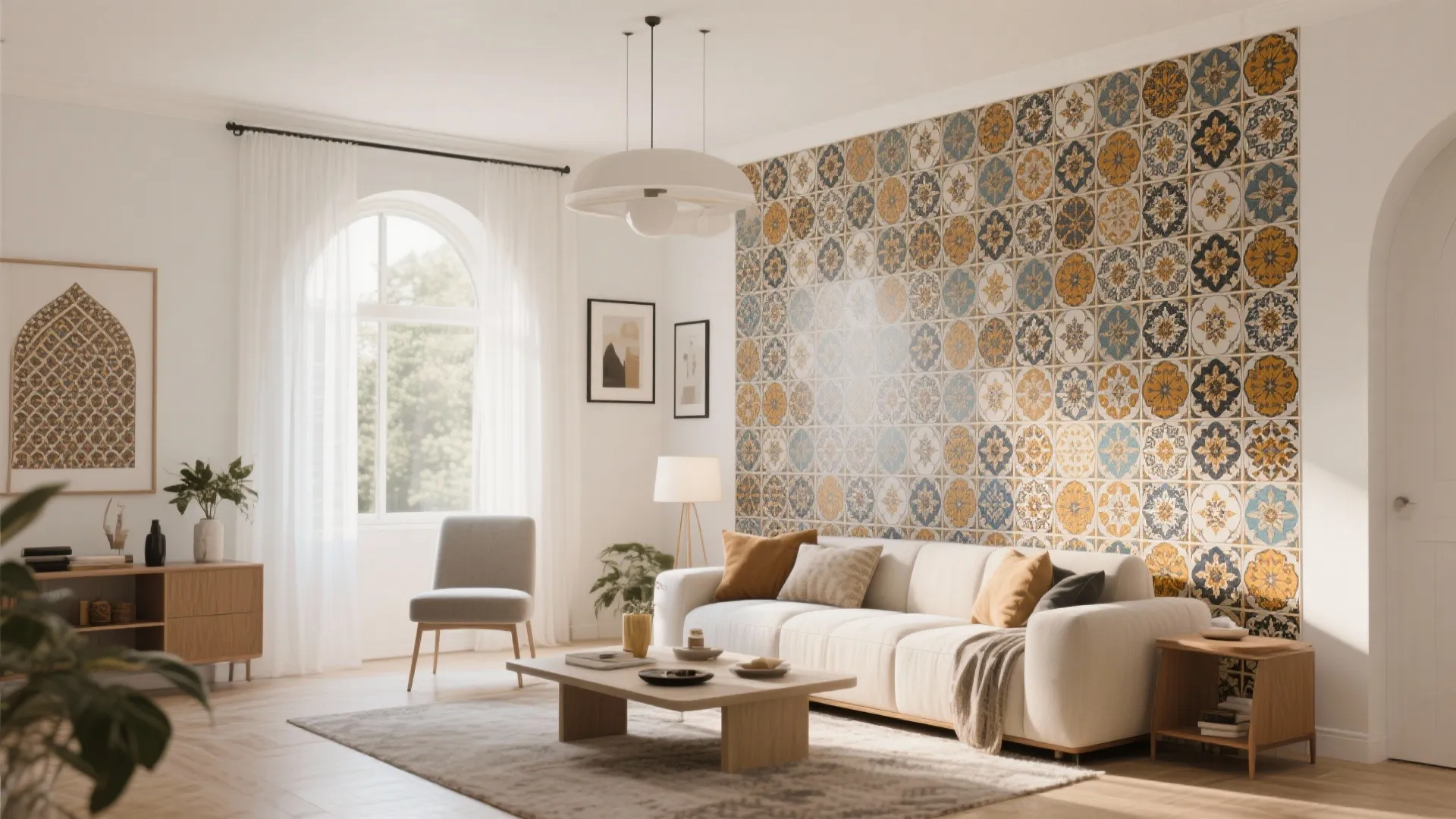 Living room feature wall with bold Moroccan-inspired patterned tiles