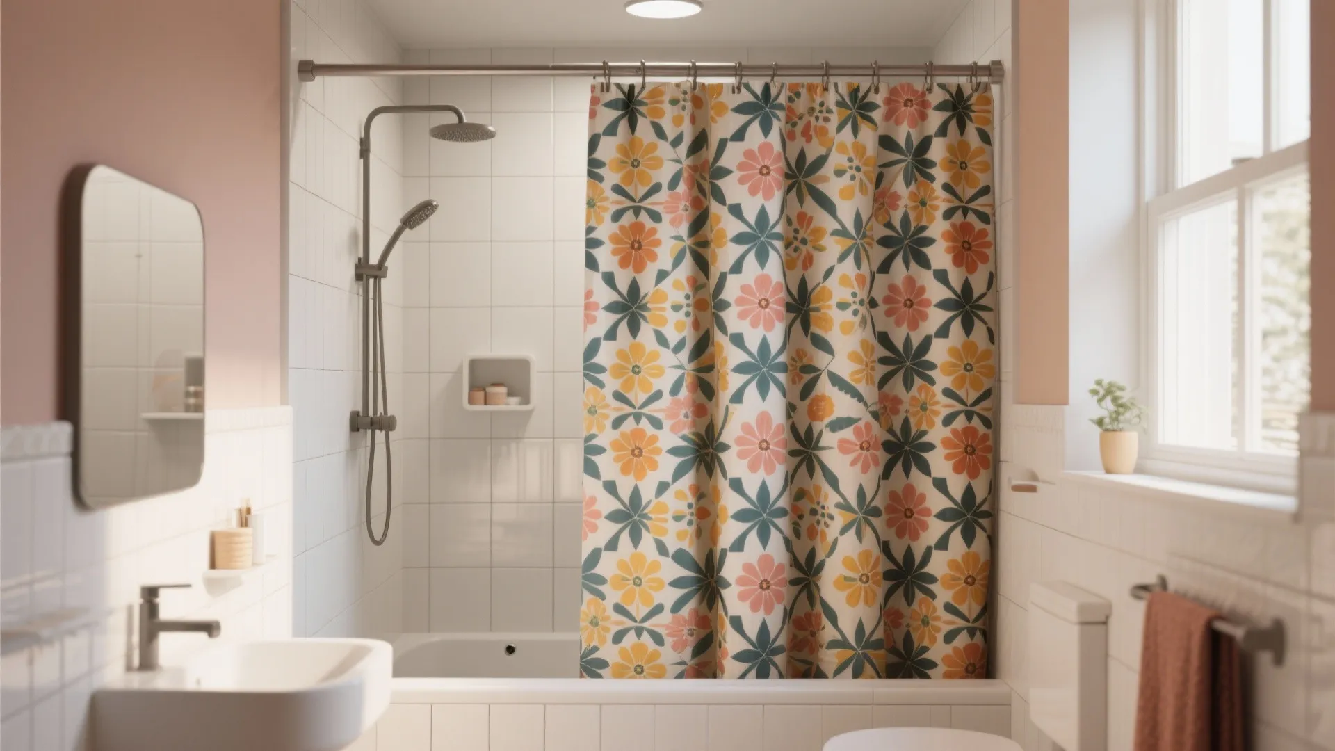 Bright bathroom interior with floral pattern curtain white sink shower head and pink wall accent decor