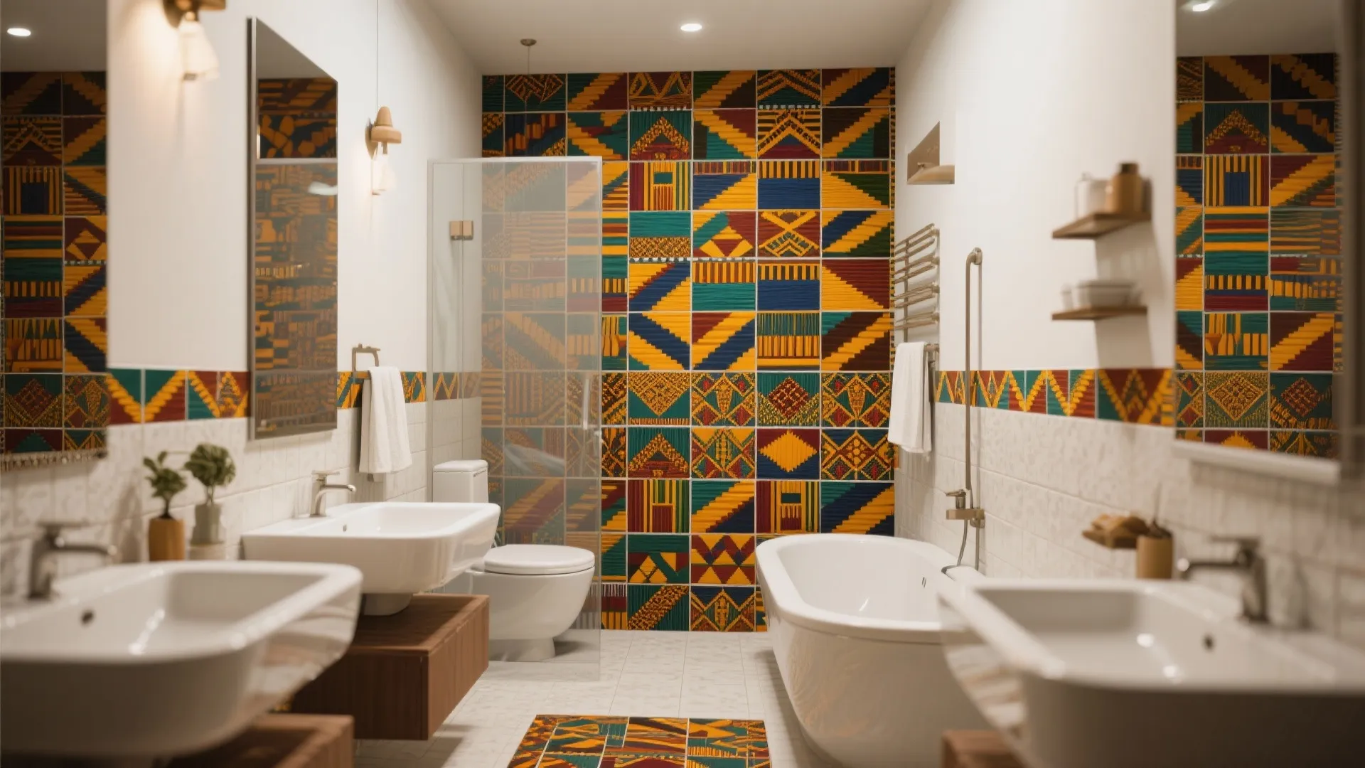 Modern bathroom featuring colorful geometric wall tiles with double sinks white bathtub and wooden storage cabinets