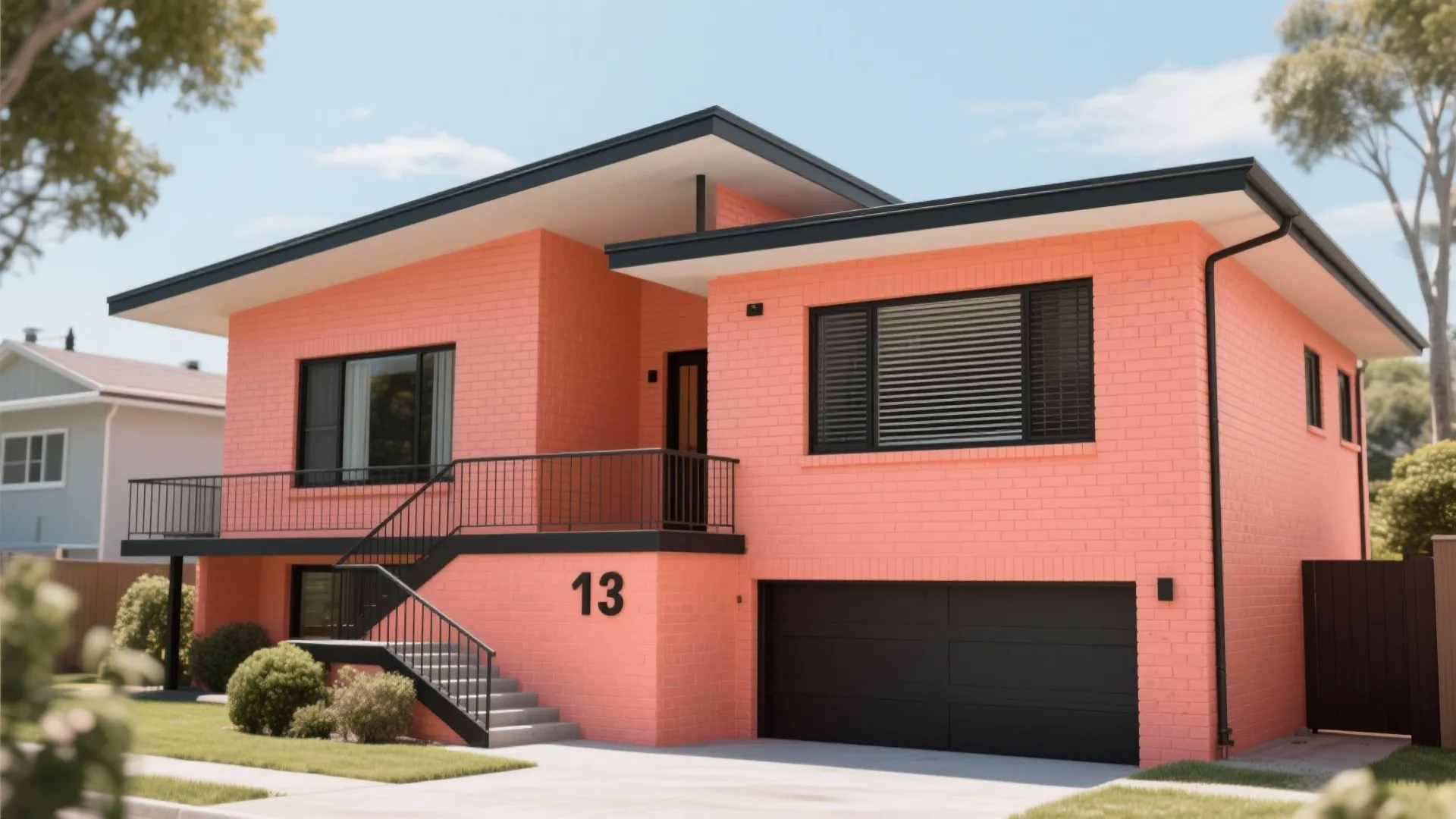 Bright peach brick house featuring black window frames a black garage door and an outdoor staircase