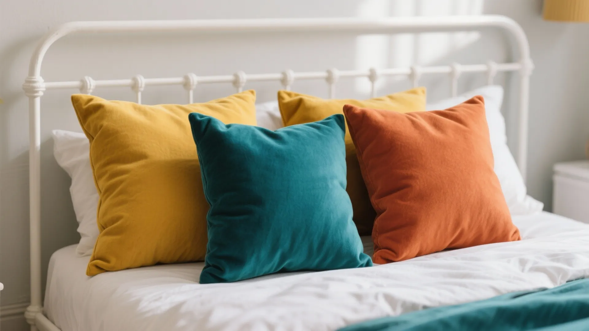 Bold mustard, teal, and terracotta pillows on white metal bed