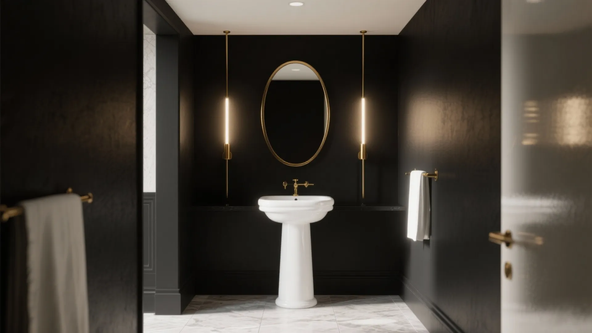Black bathroom design with white pedestal sink oval mirror and two vertical gold light fixtures