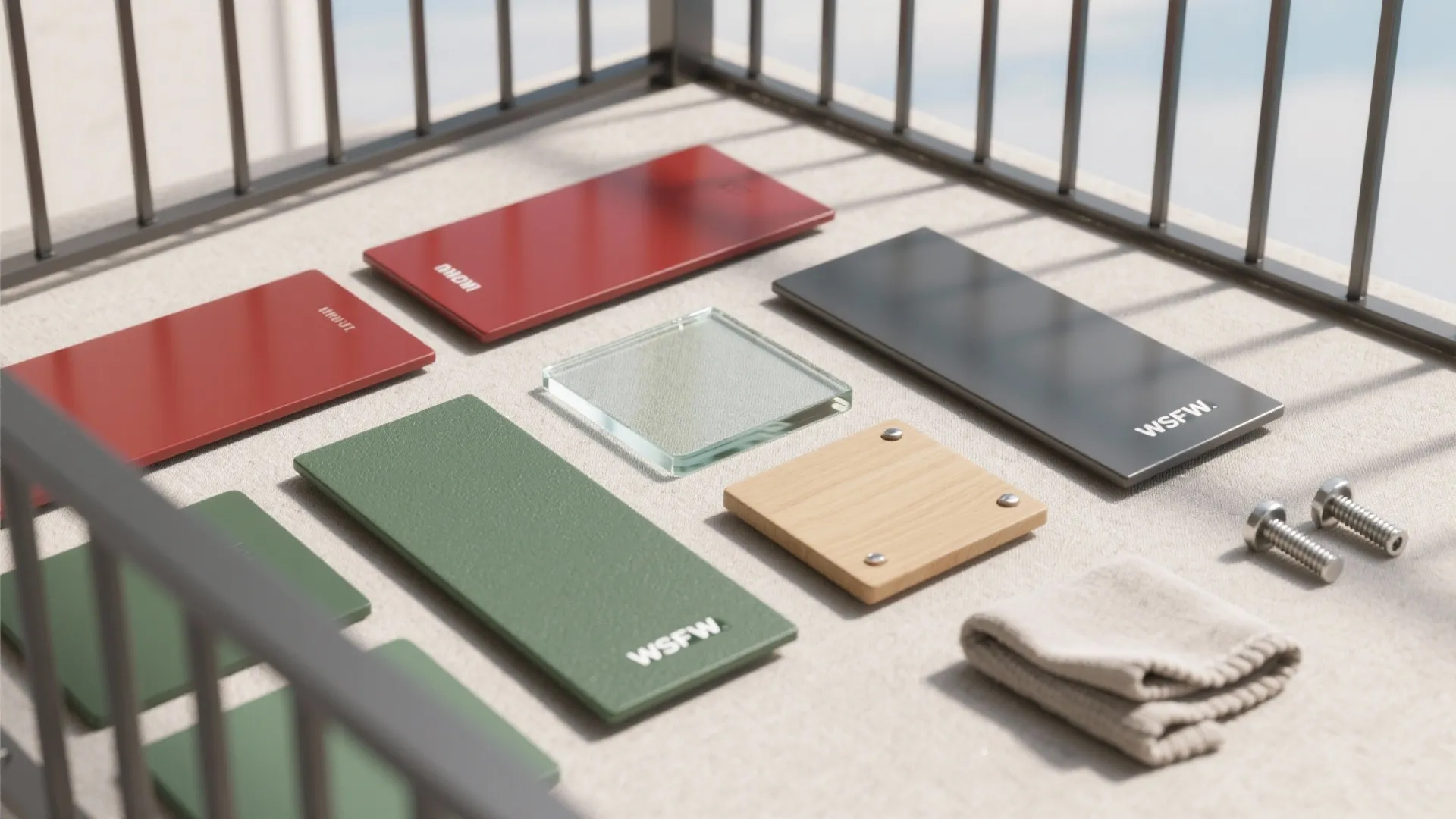 Red green and black material samples displayed with glass and wood pieces on a flat surface