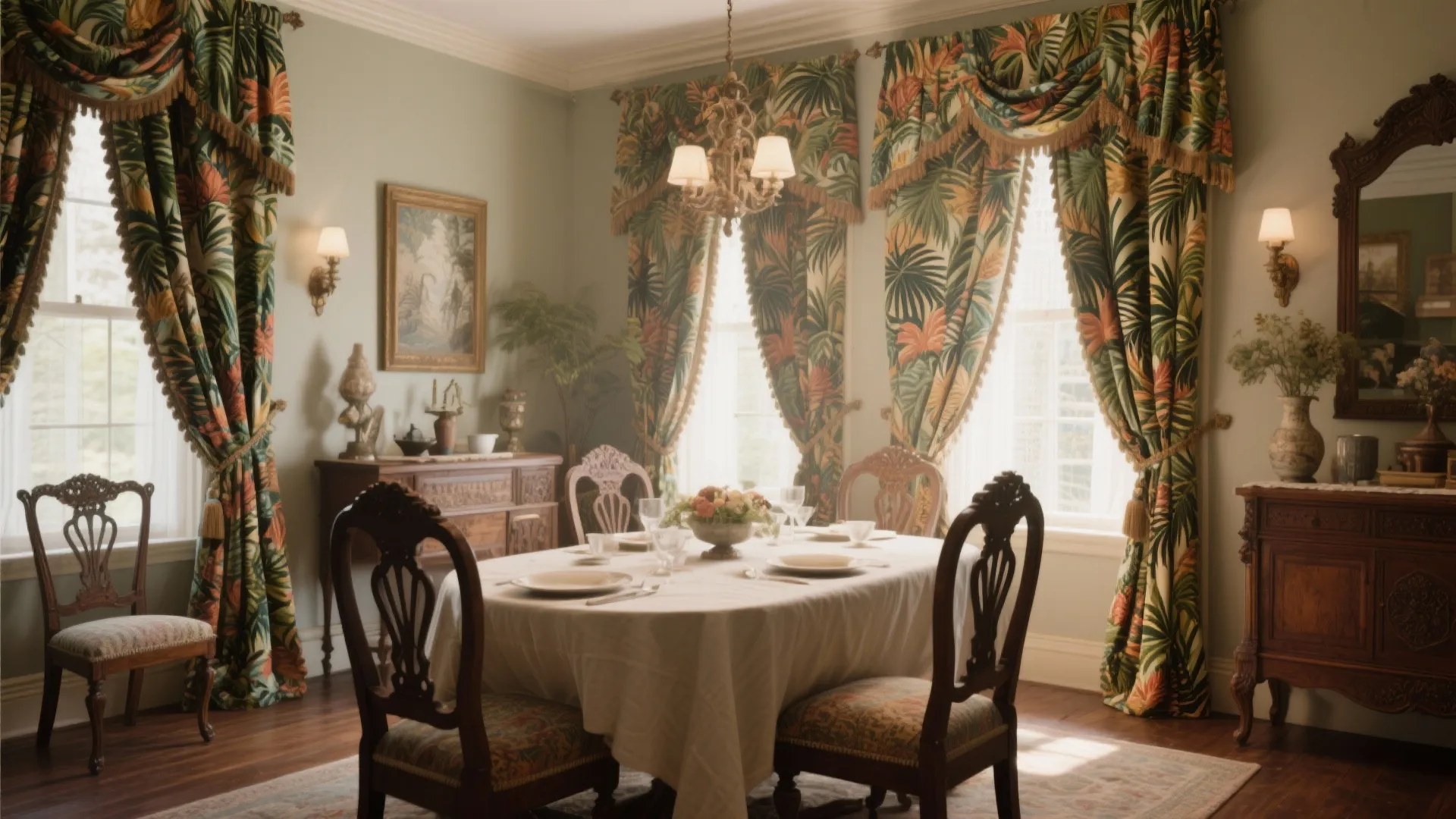 Bold tropical print curtains in a Victorian-style dining room