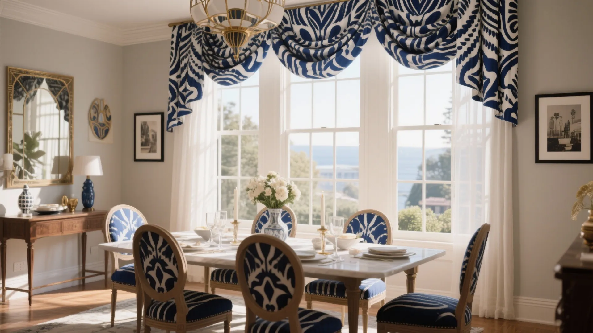 Elegant dining room with marble table, blue patterned chairs, matching curtains, large windows, and ceiling light