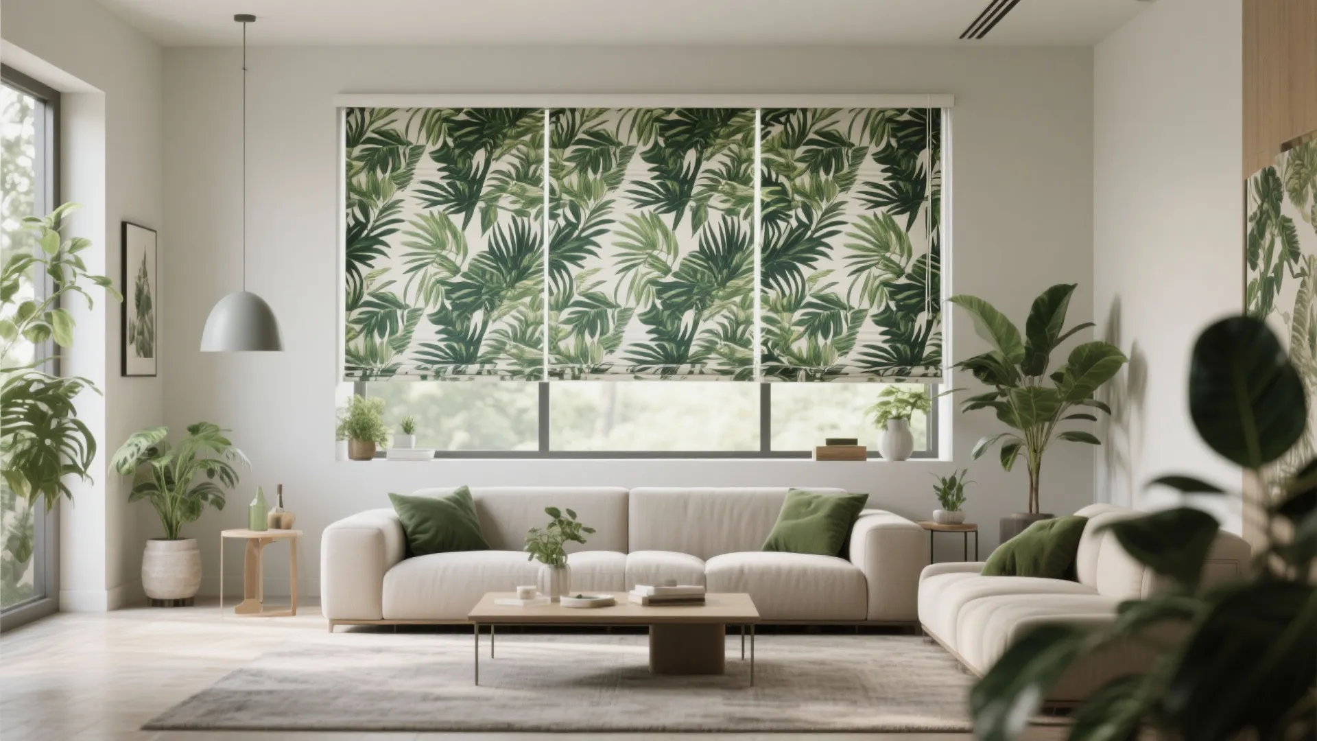 Living room with bold botanical printed fabric blinds