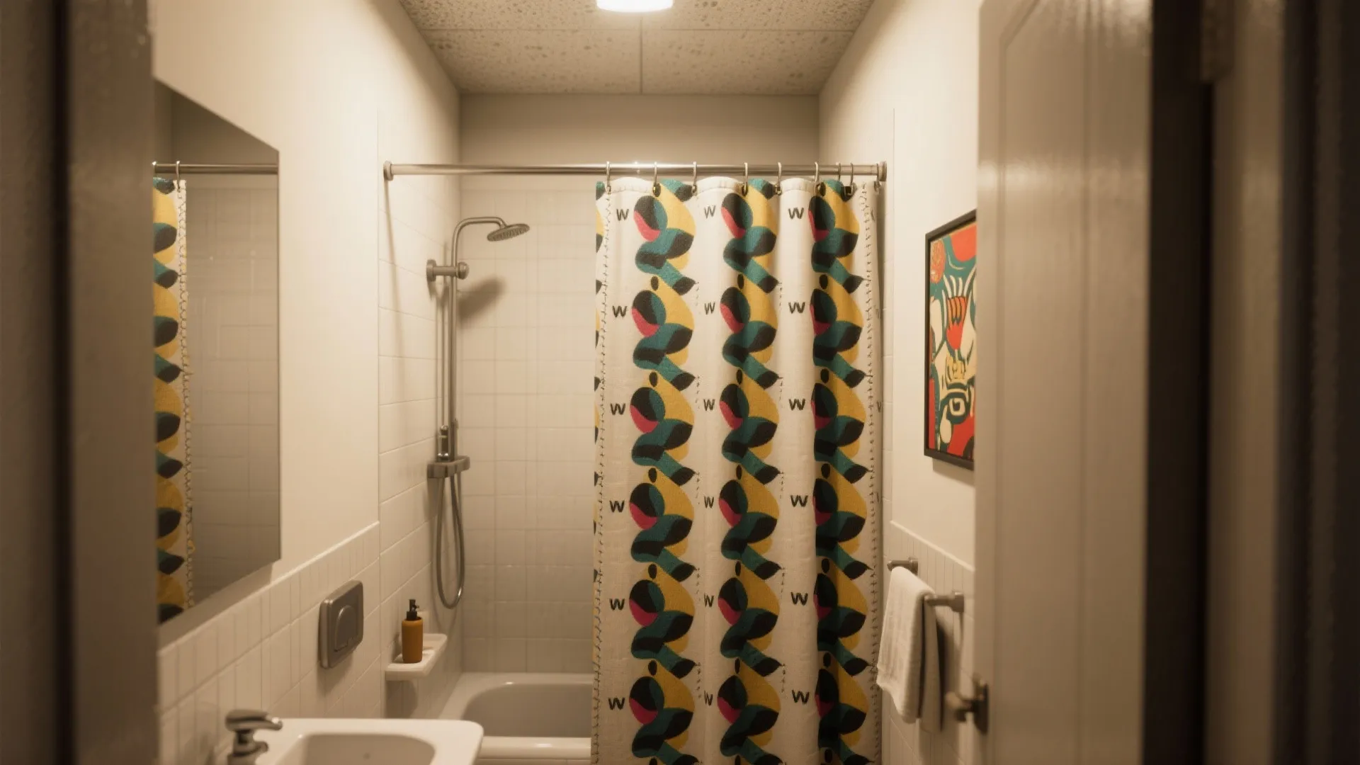 Small shower stall with a bold patterned curtain used as the room's focal art piece.