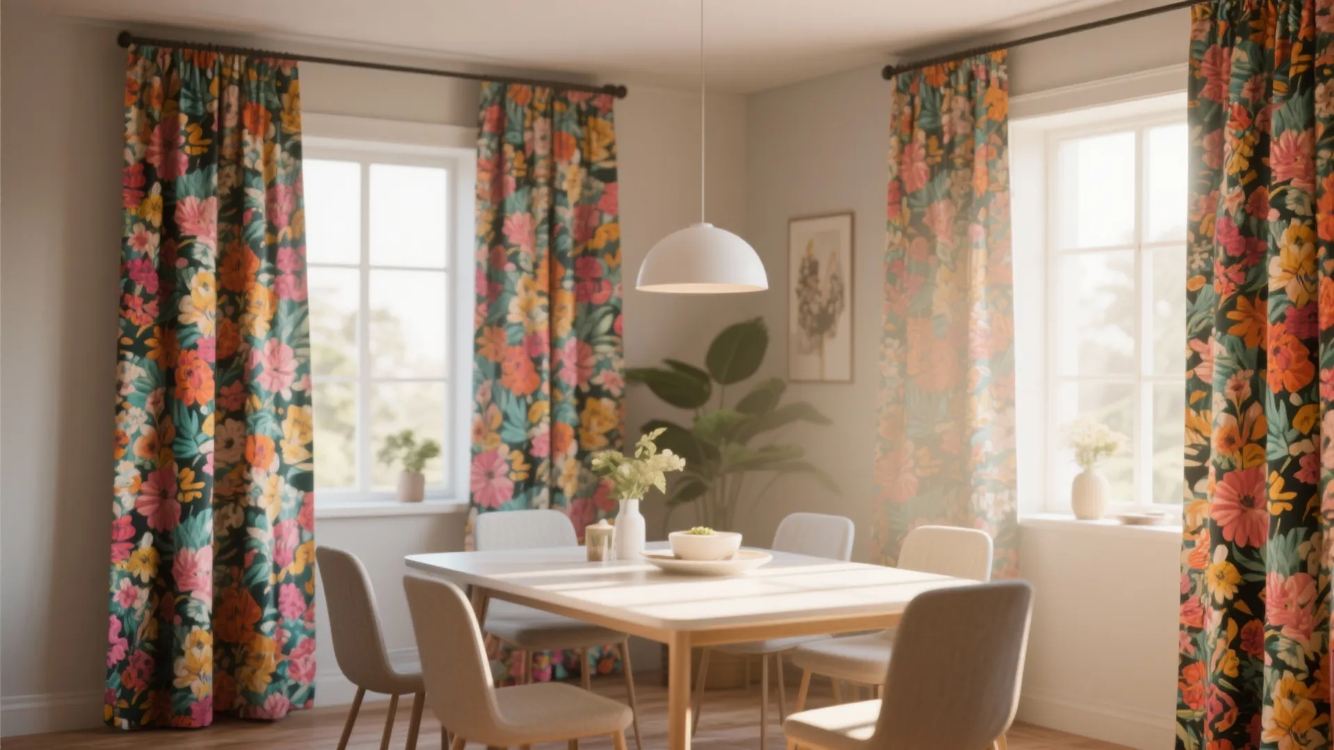 Dining room with vibrant floral printed curtains