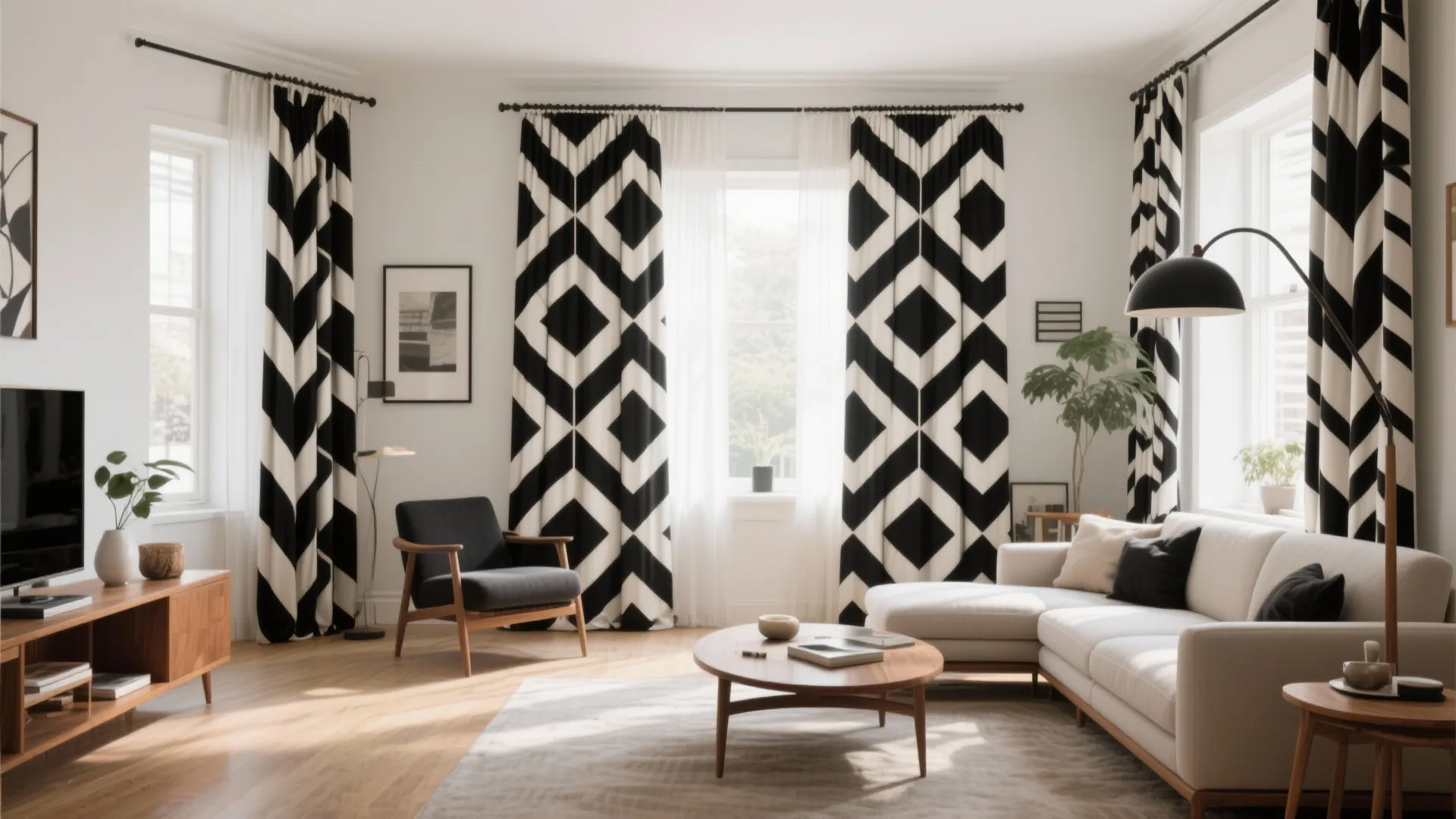 Modern living room with white sofa wooden table bold black and white geometric pattern curtains