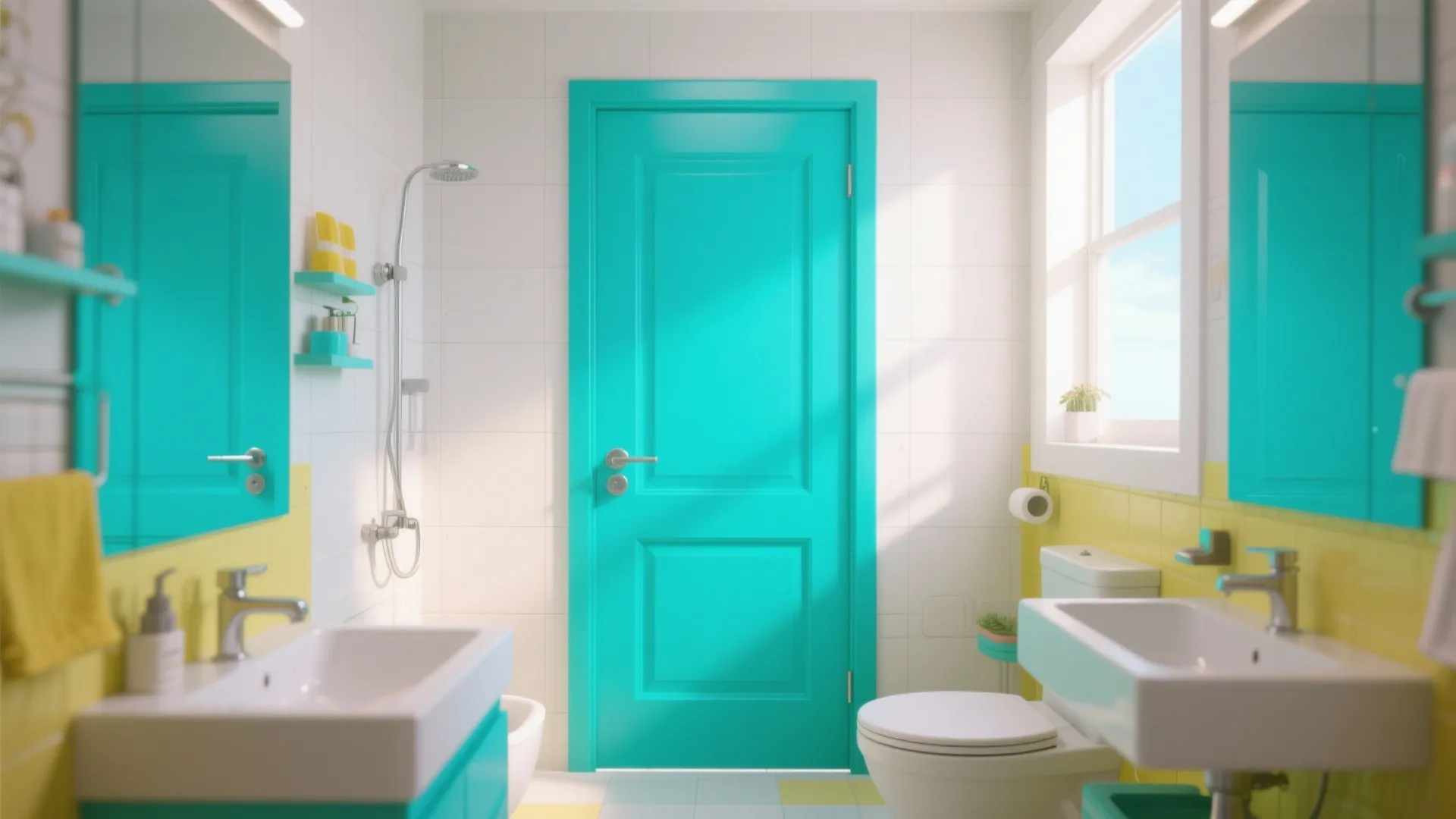 Bright bathroom with teal door yellow and white tiles two sinks toilet and large window