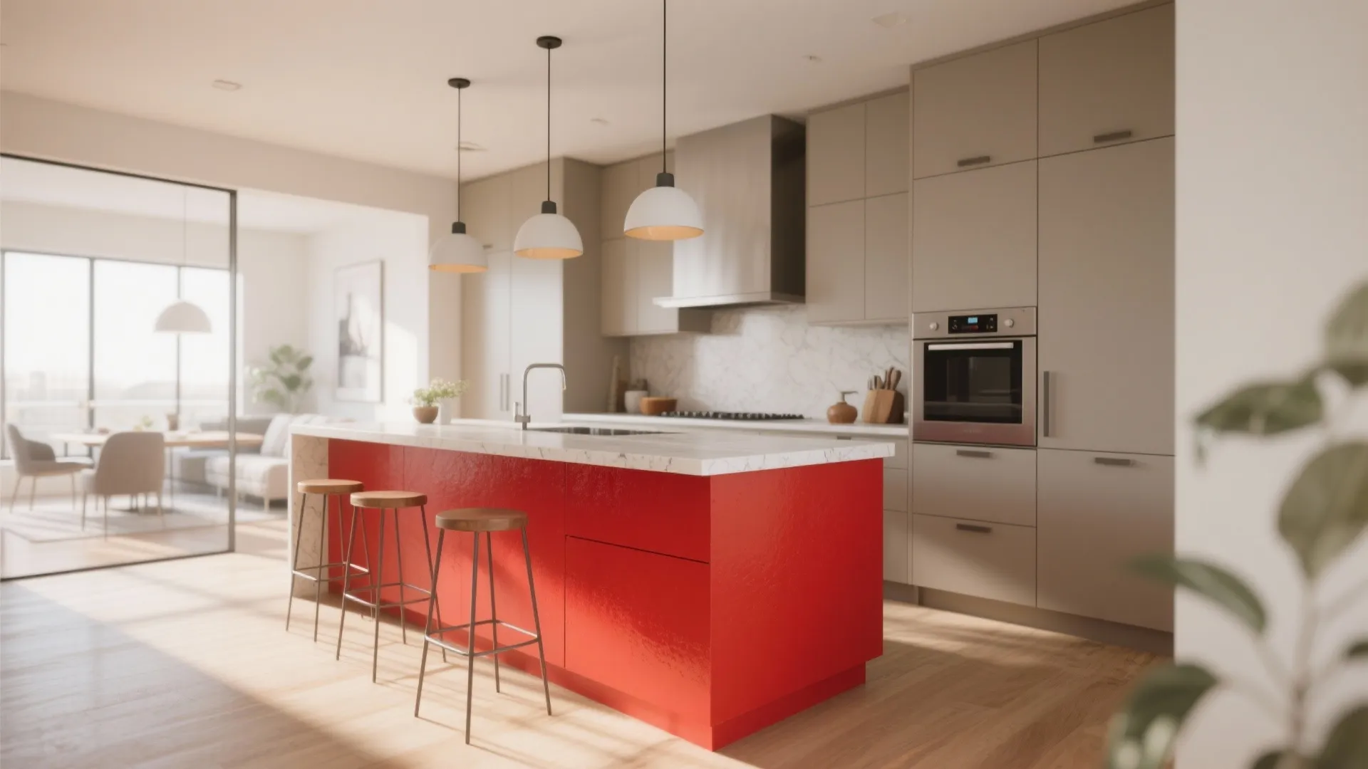 Modern kitchen with a fiery red accent island and neutral cupboards