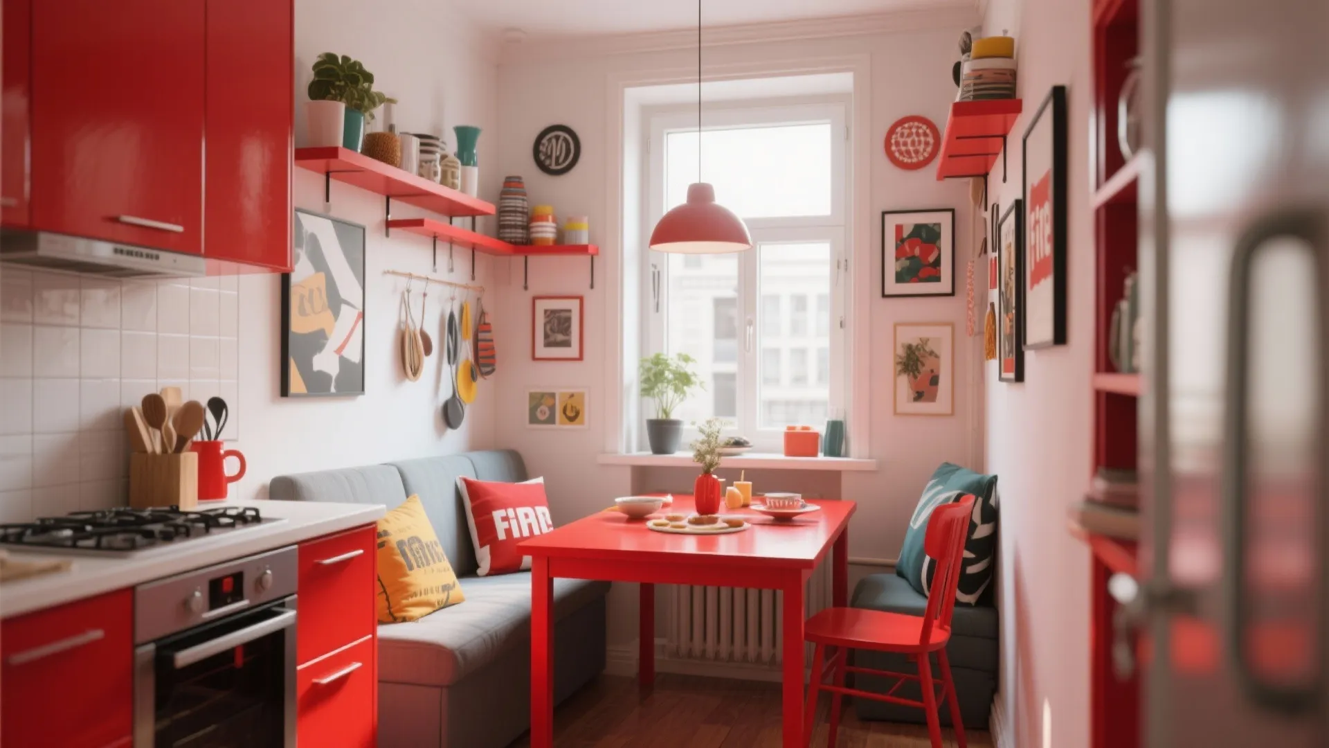 Small kitchen with red cabinets and table plus grey sofa seating and white wall window