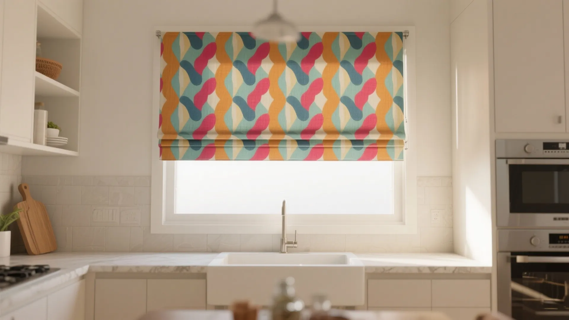 White kitchen with colorful patterned window shades above a large sink and white marble countertops