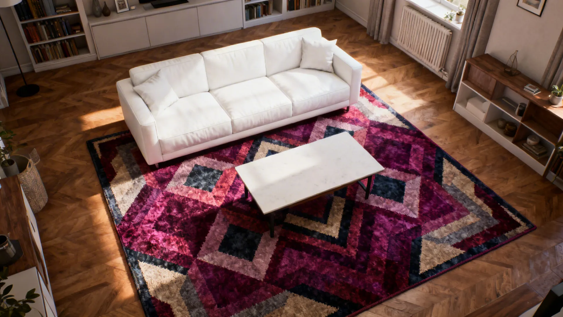 White sofa anchored by a large geometric rug in a compact living room.