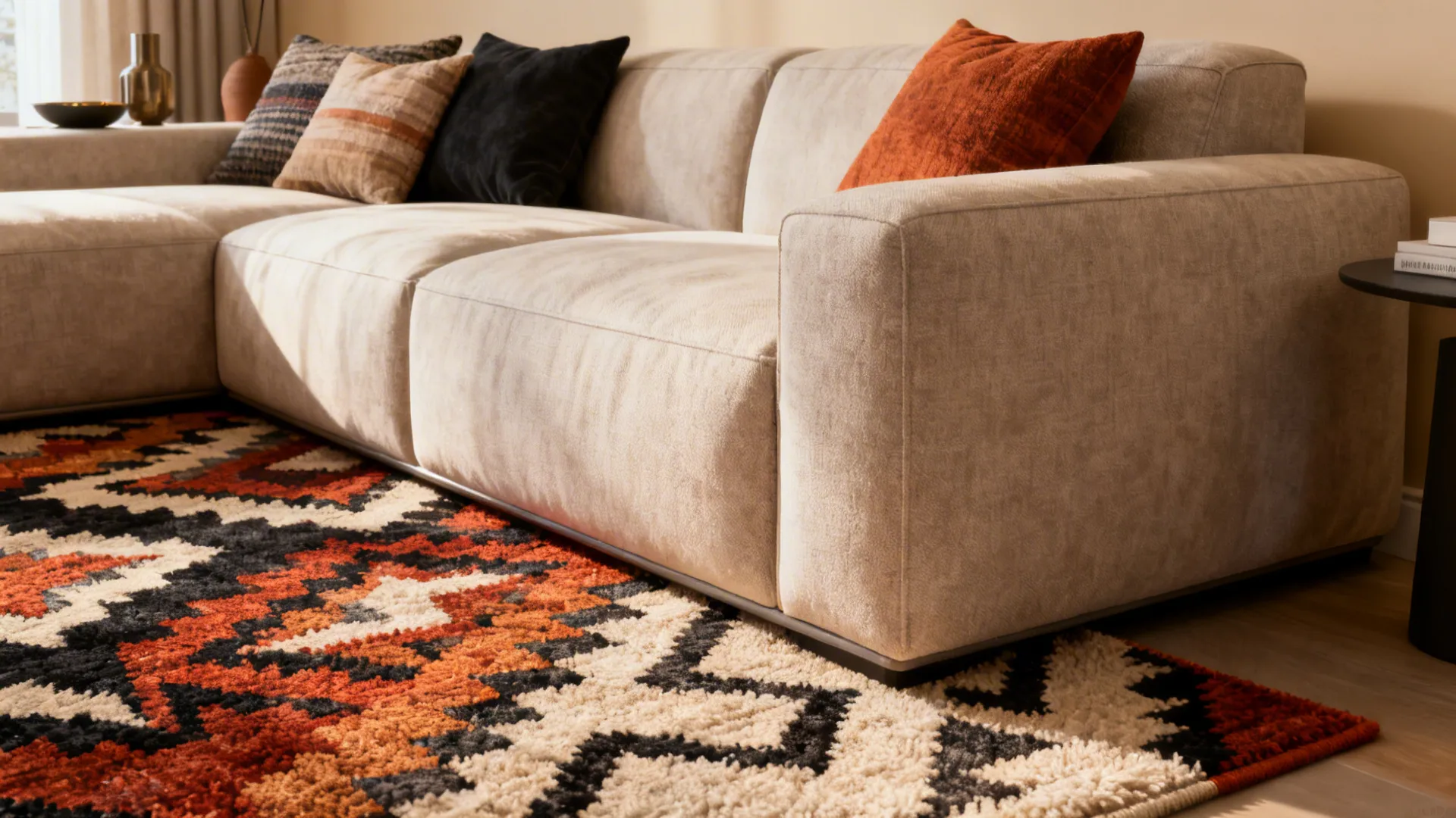 Beige sofa with colorful pillows sitting on a bold patterned rug with orange black shapes
