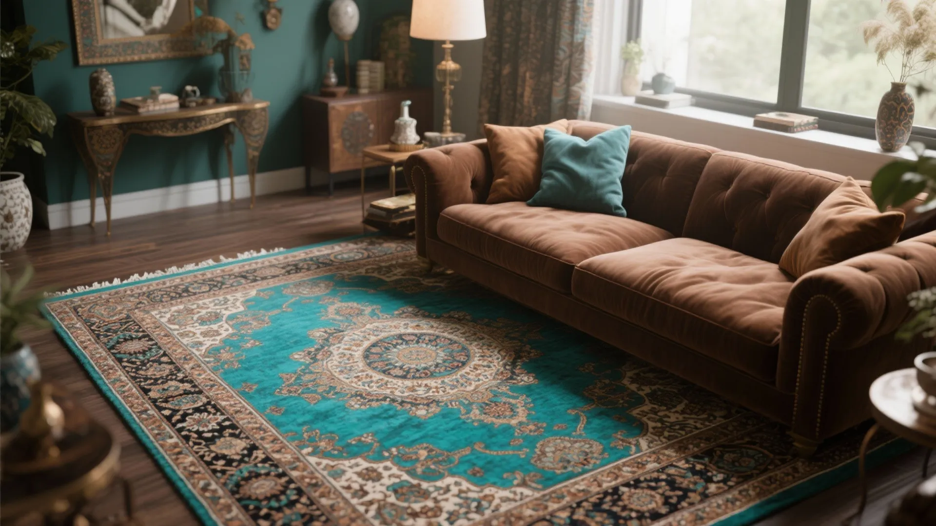 Brown sofa with turquoise Persian rug