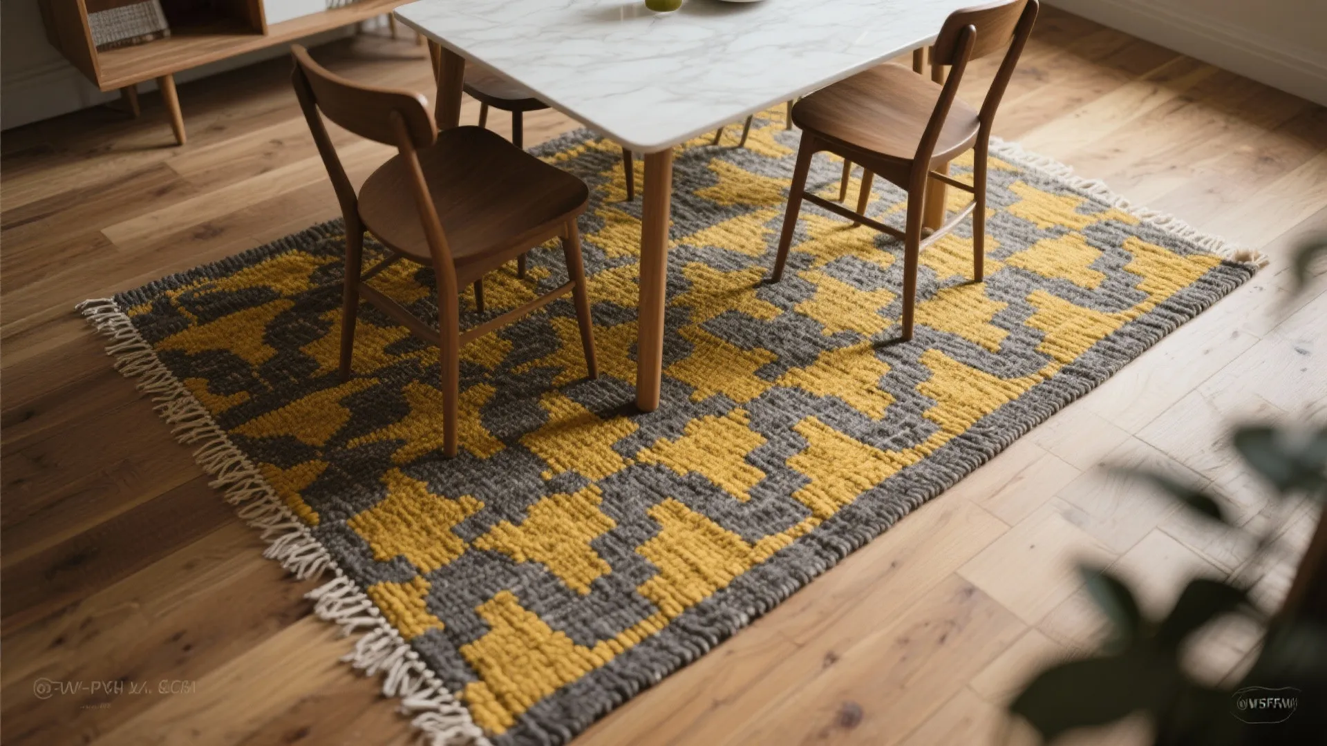 Patterned flatweave rug under small dining table