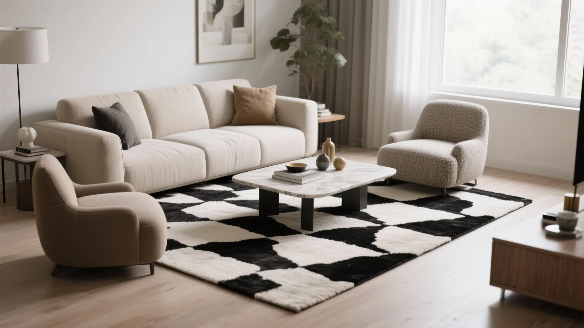 Modern living room with beige sofa armchair marble coffee table and black white checkered patterned rug