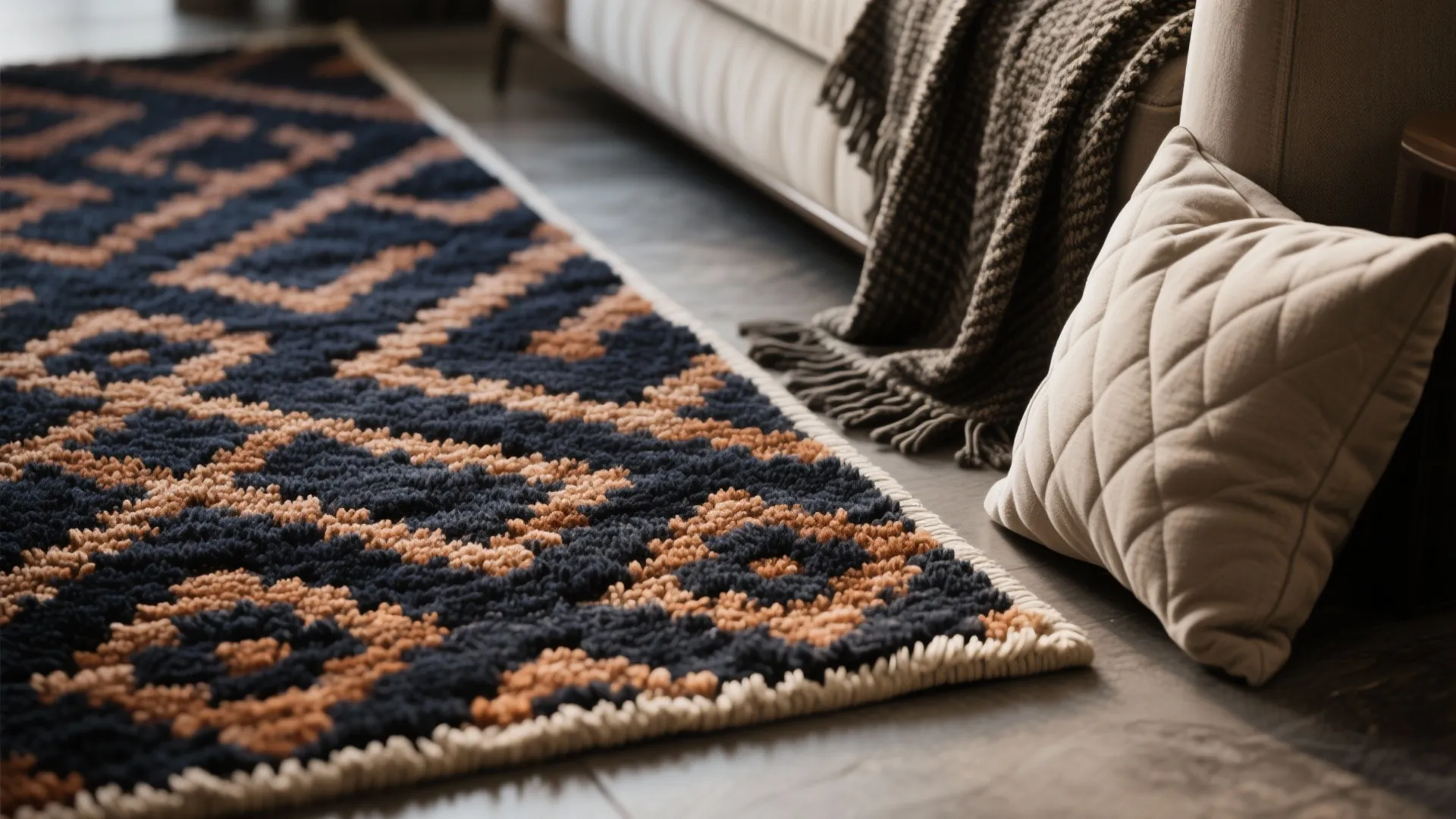 Macro detail of a small bold-patterned rug showing pile, weave, and contrast with nearby textiles.