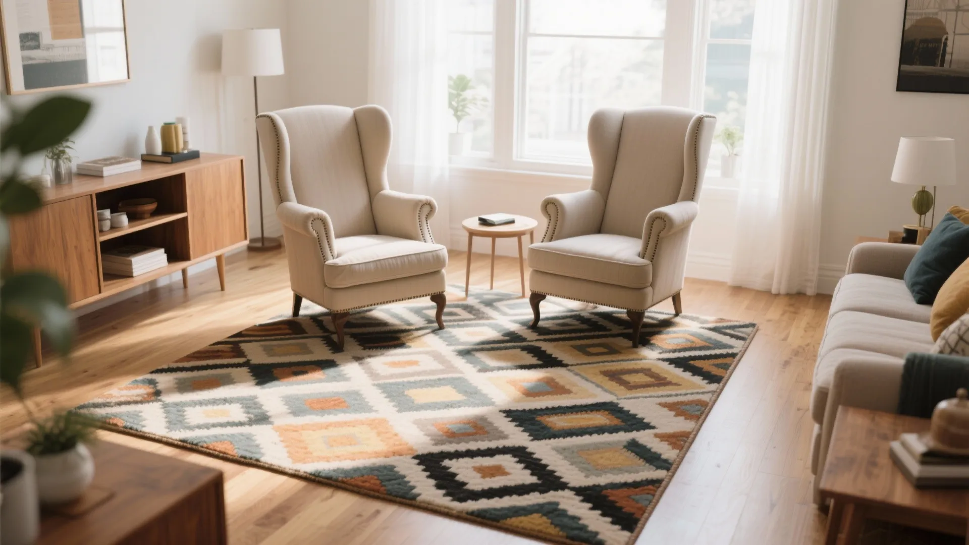 Idea 1: Pair Wingback Chairs with a Bold Rug