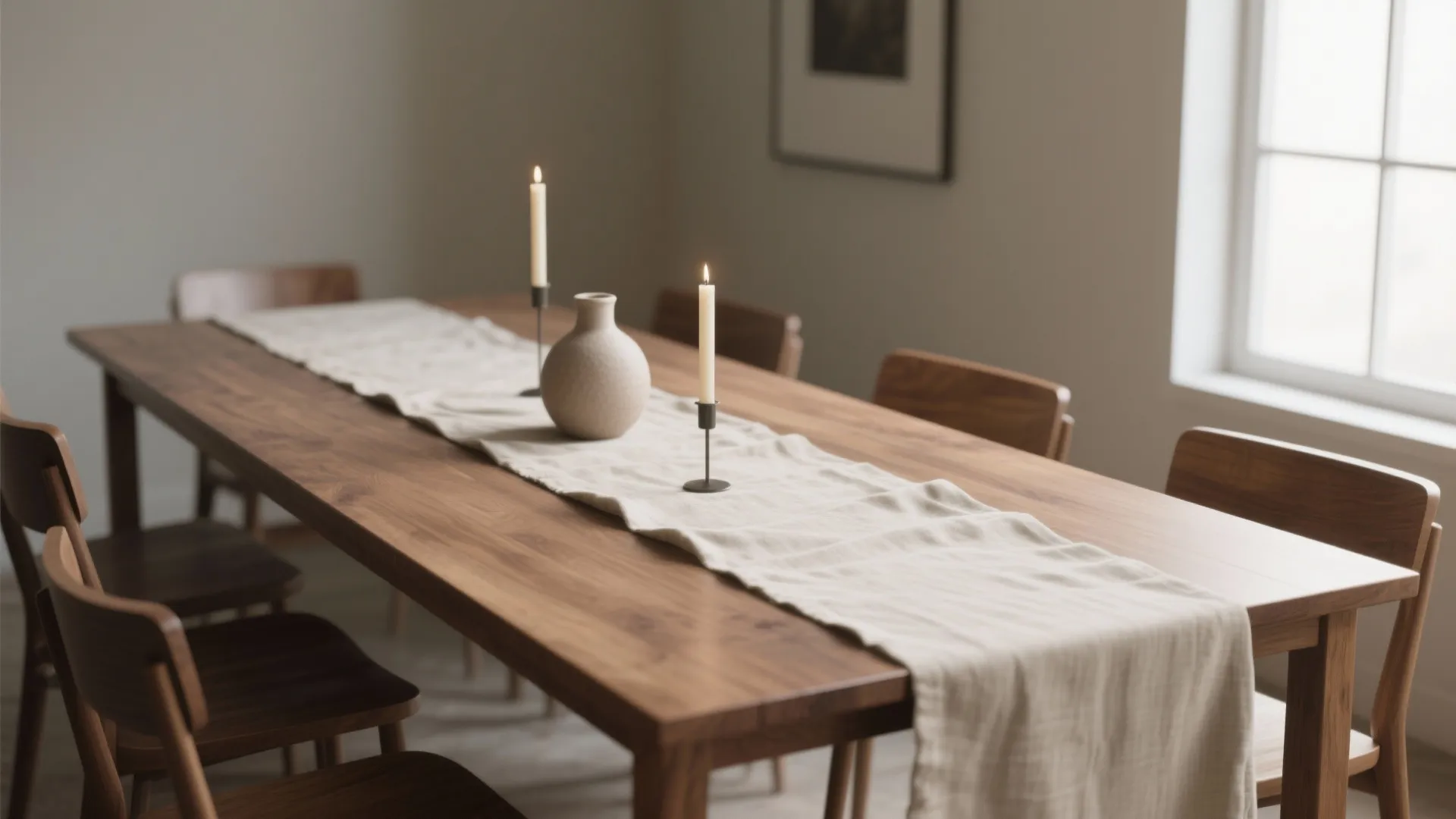 Wooden dining table with long beige runner, two lit candles in holders, and a vase