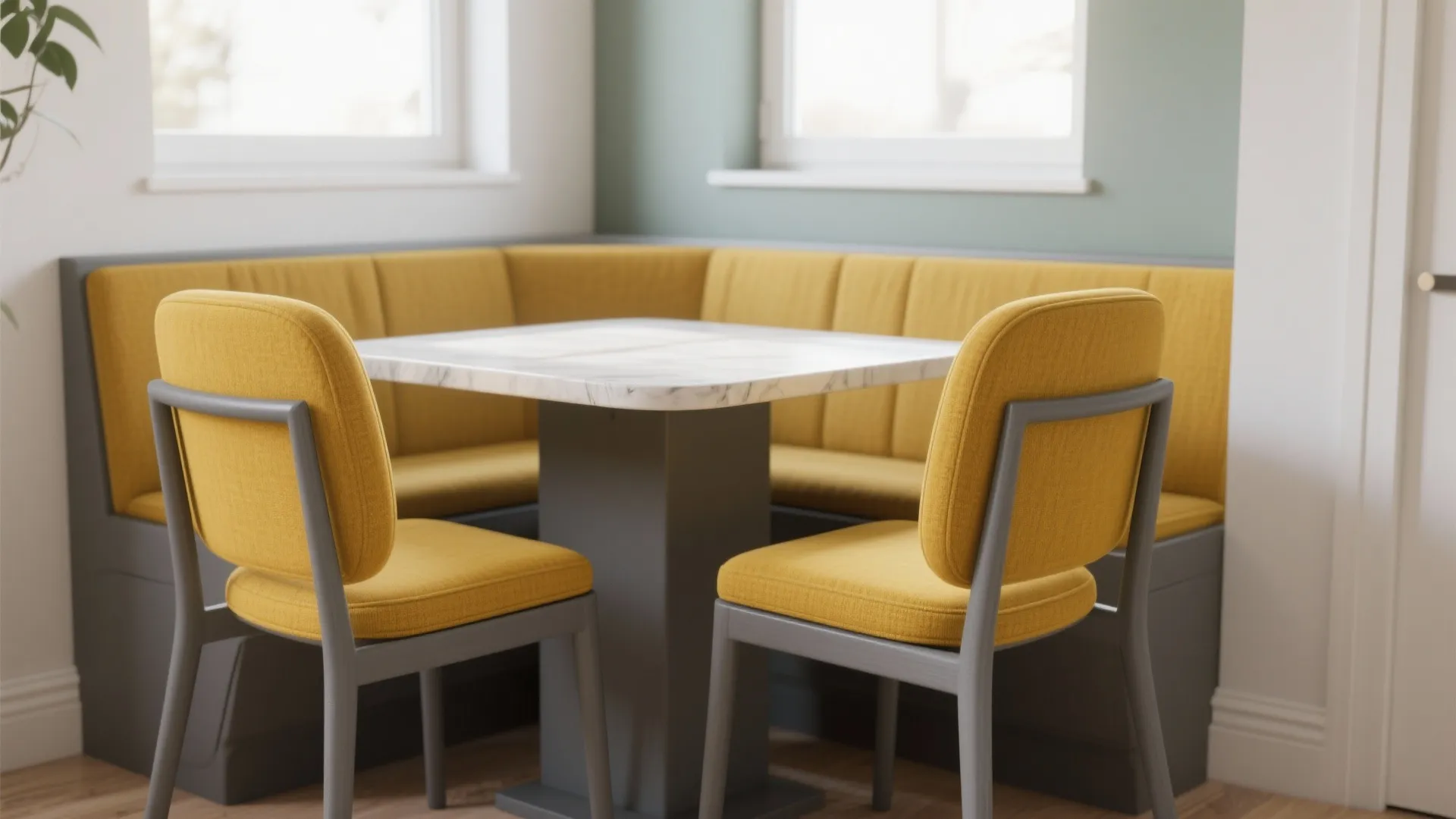 Modern dining area with yellow corner bench seat marble table two chairs and natural light