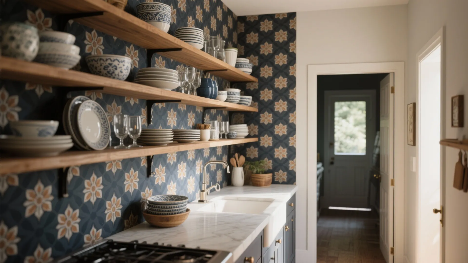 3. Bold statement behind open shelves