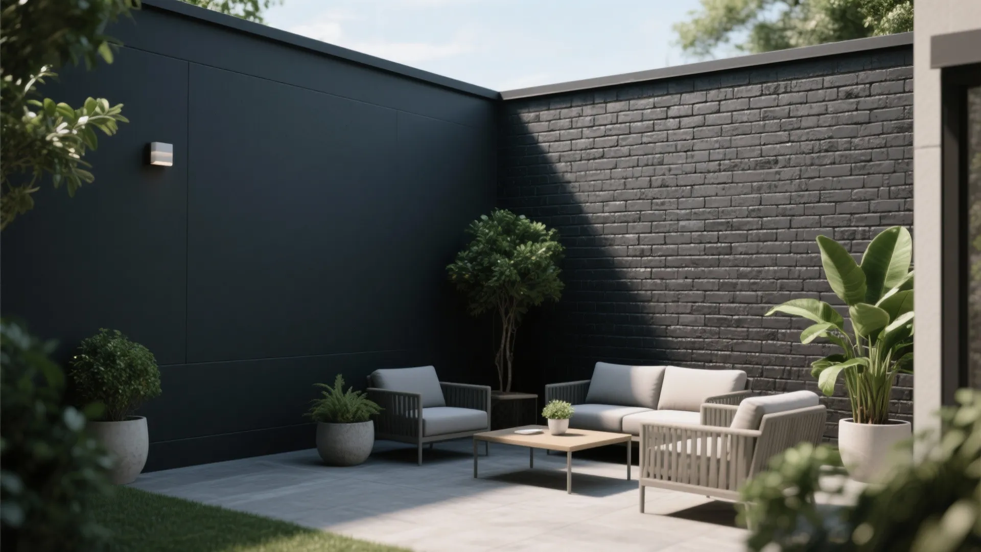 Modern outdoor patio with black brick walls grey sofa wooden coffee table and green plants