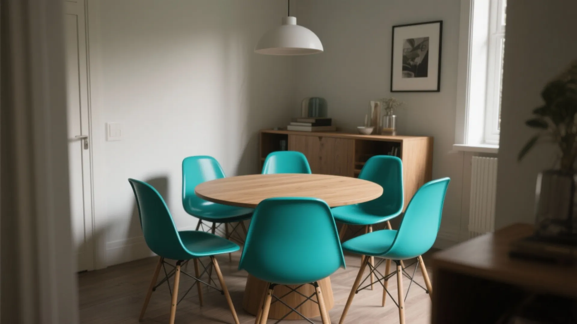Round wooden dining table with six teal chairs white ceiling light and wooden storage cabinet