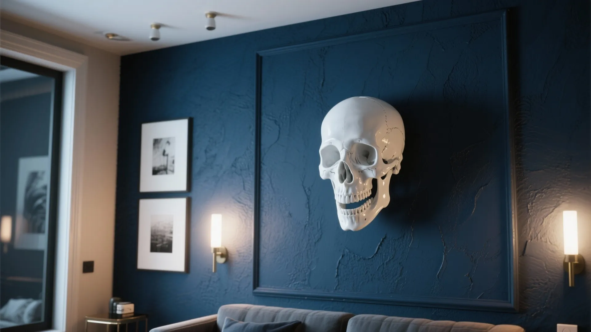 Large white skull hanging on a dark blue textured wall with wall lights and pictures