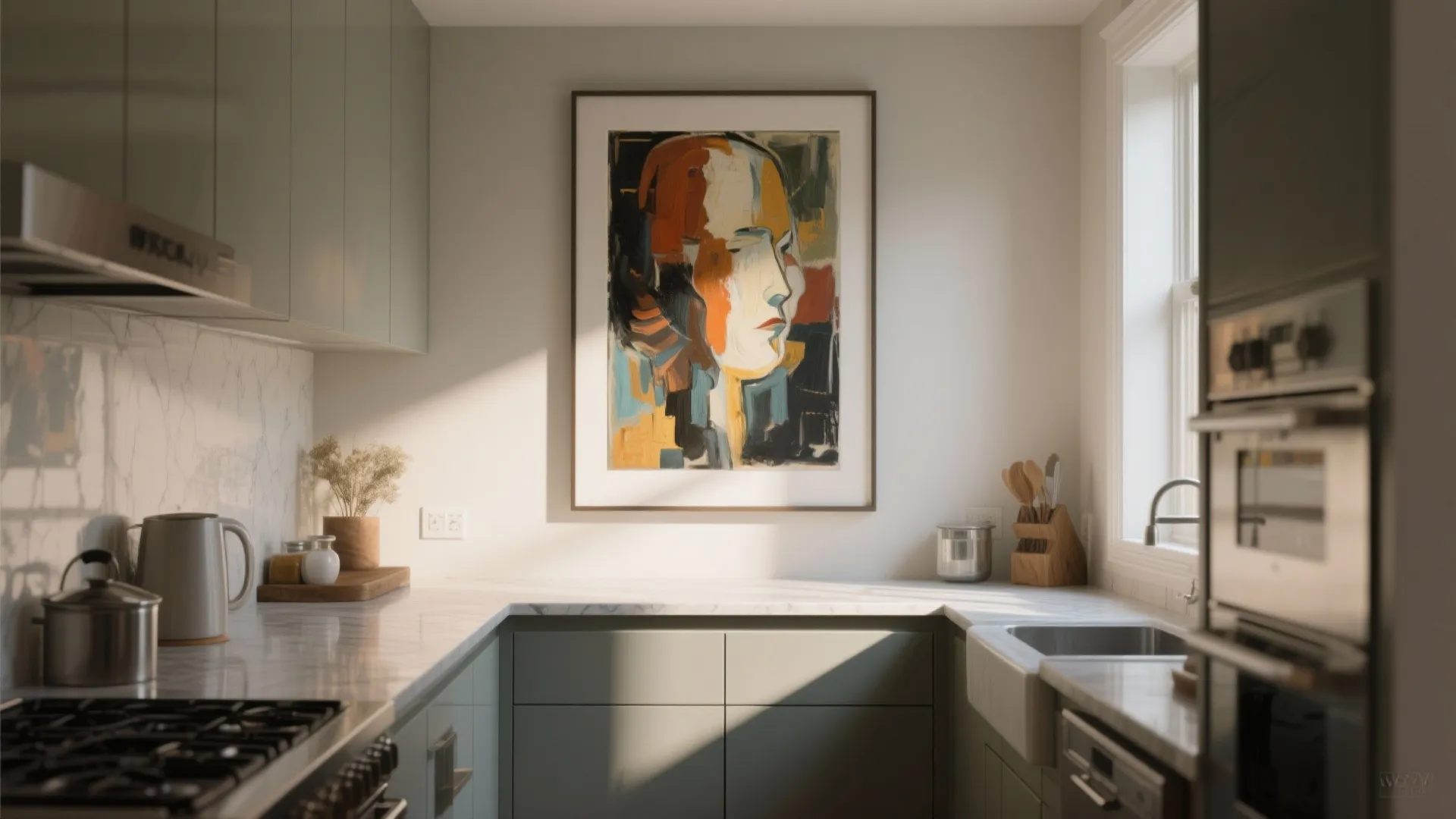 Modern kitchen with green cabinets marble countertop sink and a colorful portrait painting on wall