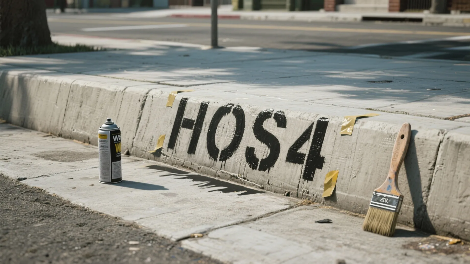 Black house numbers stenciled on concrete curb with spray paint can and brush on street