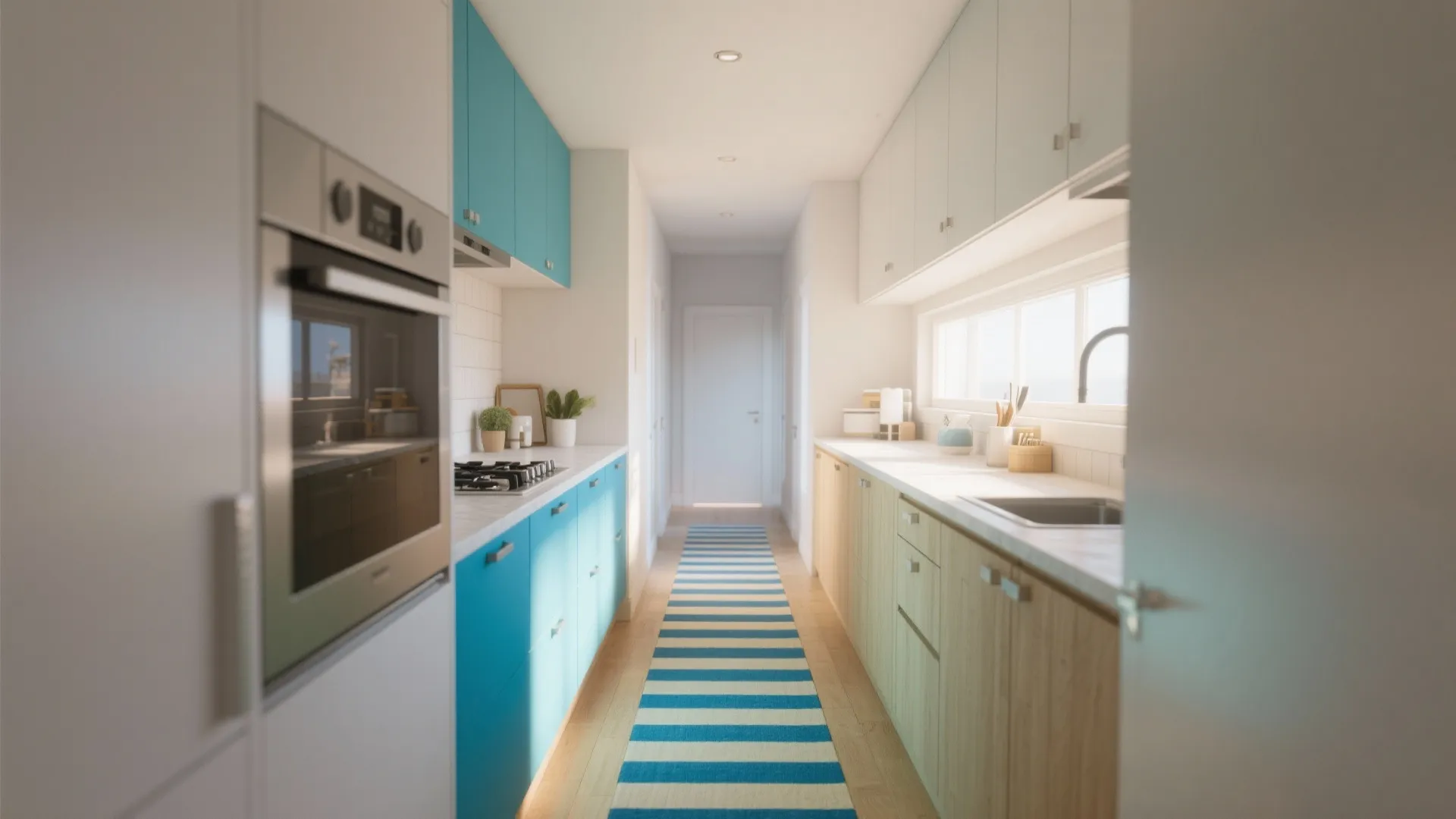 Narrow galley kitchen with blue and wood cabinets and blue and white striped floor rug