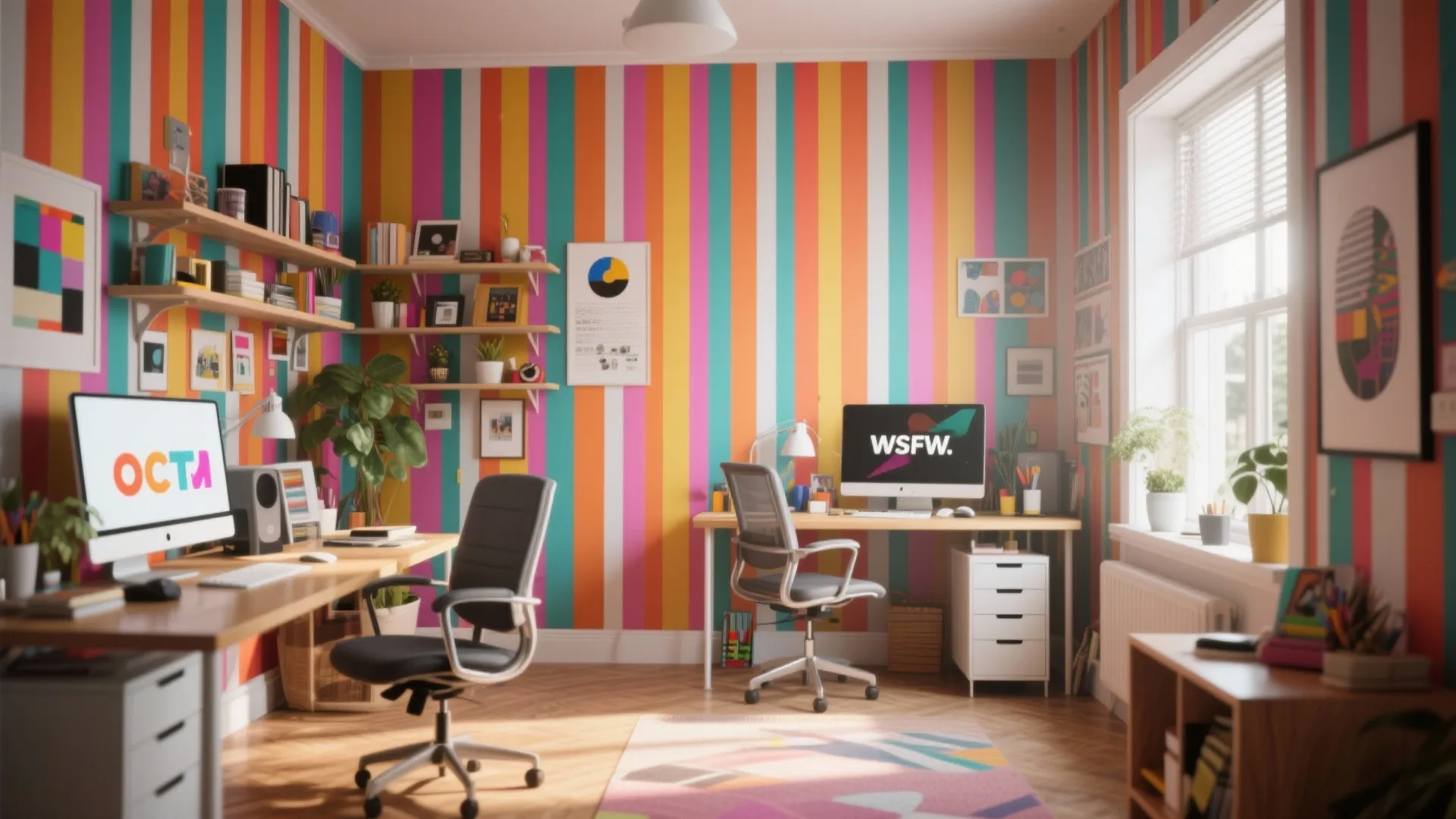 Home office with bright vertical striped wallpaper for energy