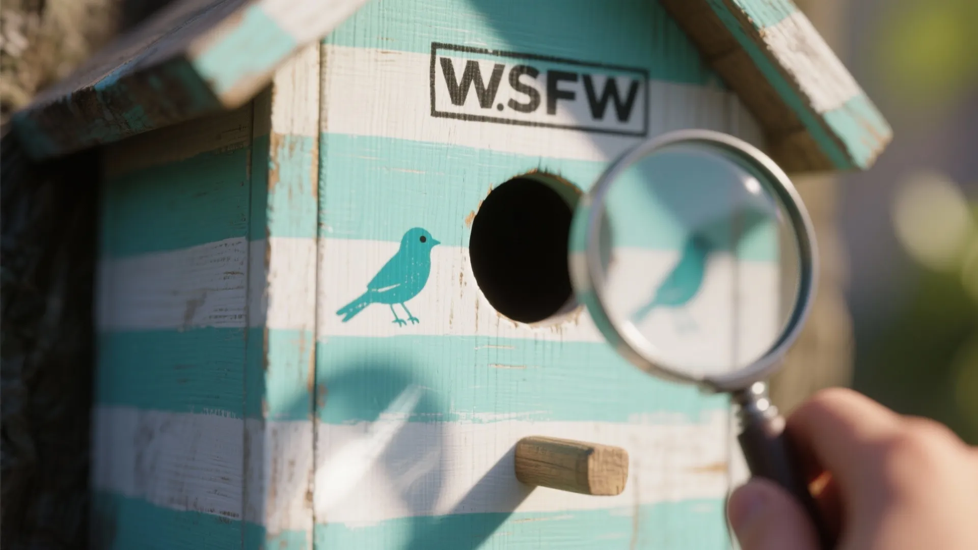 Hand holding a magnifying glass to inspect blue and white striped wooden birdhouse in garden